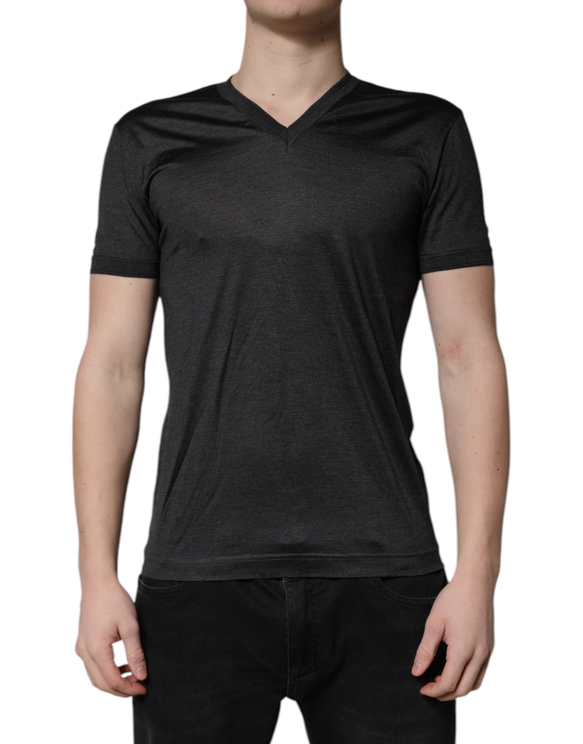 Dolce & Gabbana Dark Gray Silk V-neck Short Sleeves Men's T-shirt