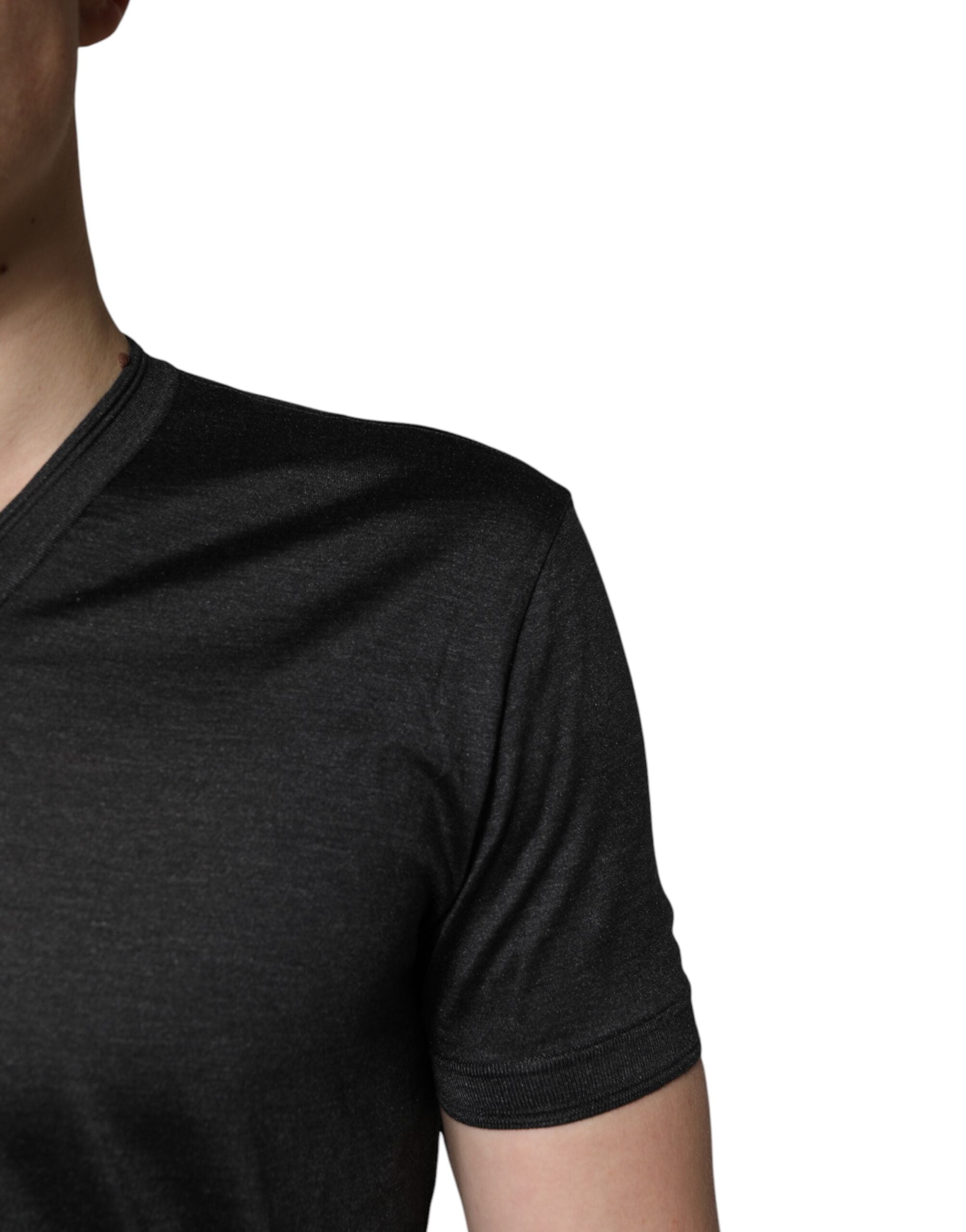 Dolce & Gabbana Dark Gray Silk V-neck Short Sleeves Men's T-shirt