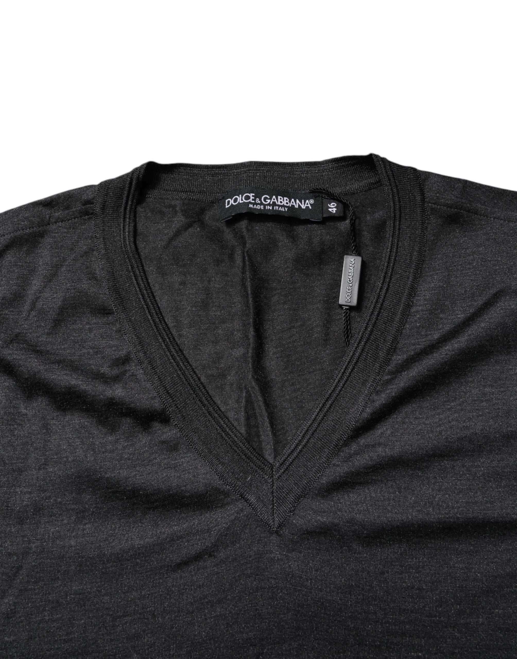 Dolce & Gabbana Dark Gray Silk V-neck Short Sleeves Men's T-shirt