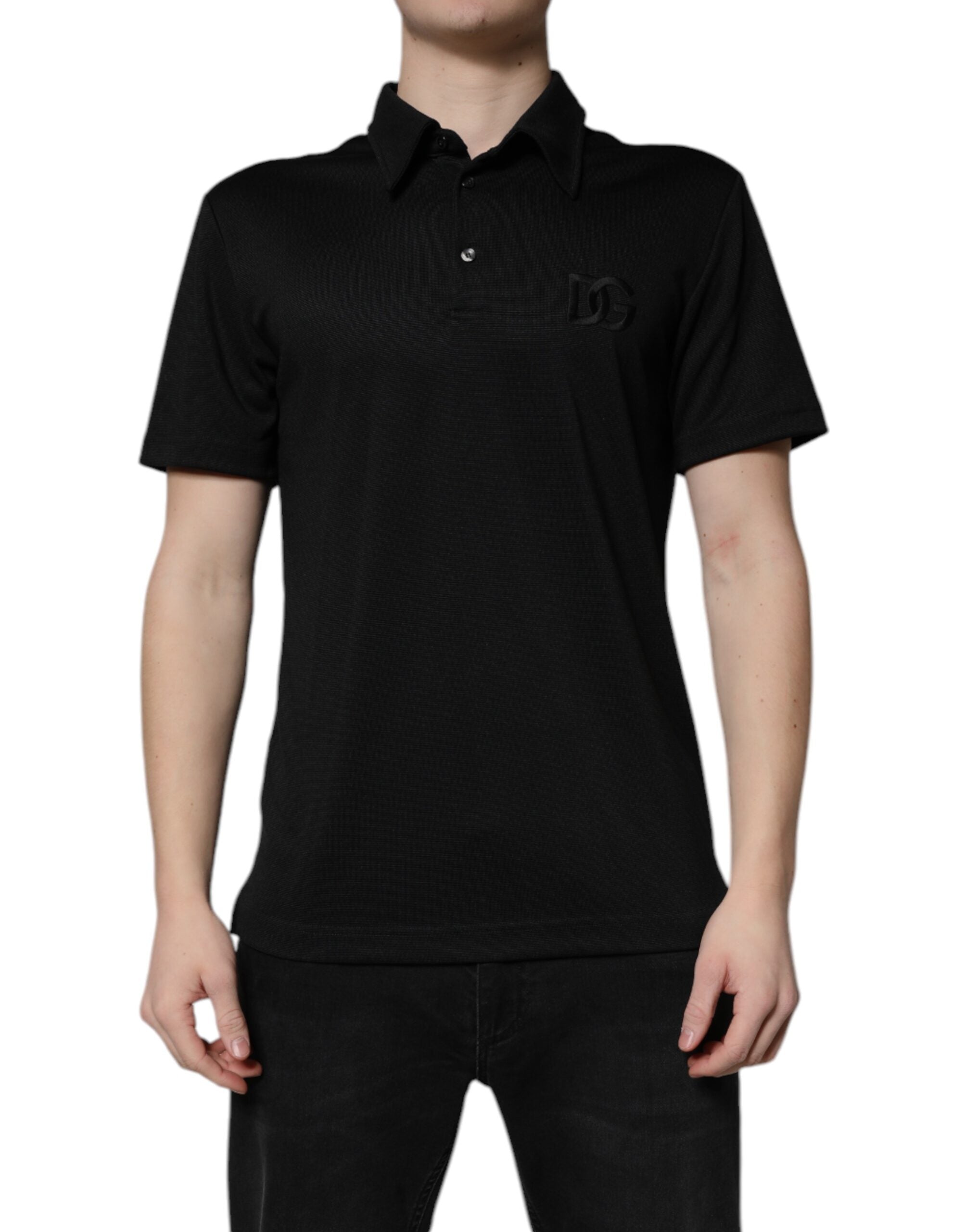 Dolce & Gabbana Black Polyester DG Logo Collared Polo Men's T-shirt