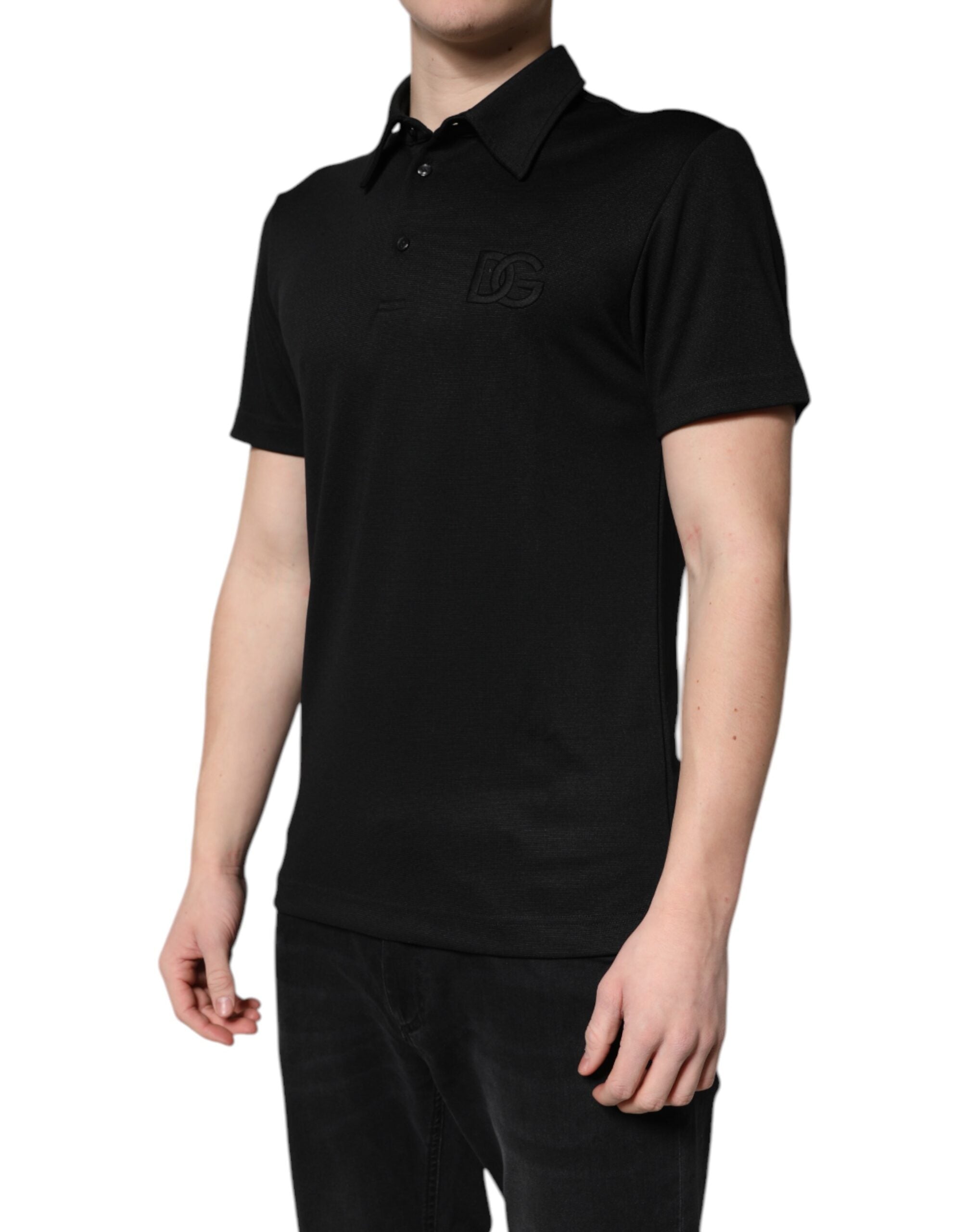 Dolce & Gabbana Black Polyester DG Logo Collared Polo Men's T-shirt
