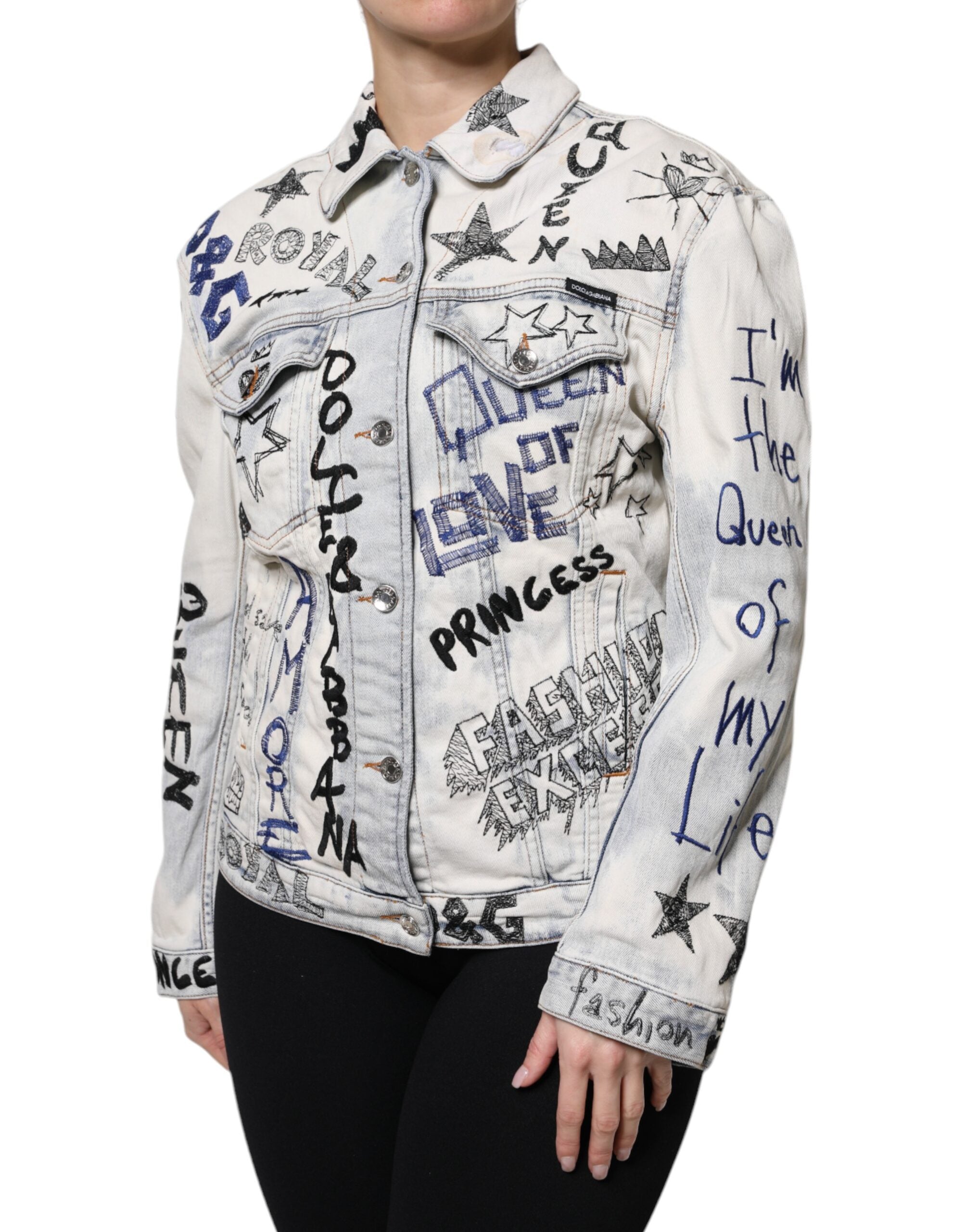 Dolce & Gabbana Light Blue Graffiti Button Down Denim Women's Jacket