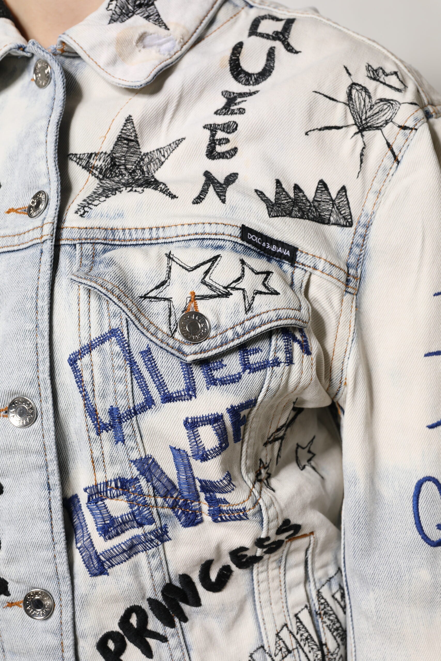 Dolce & Gabbana Light Blue Graffiti Button Down Denim Women's Jacket