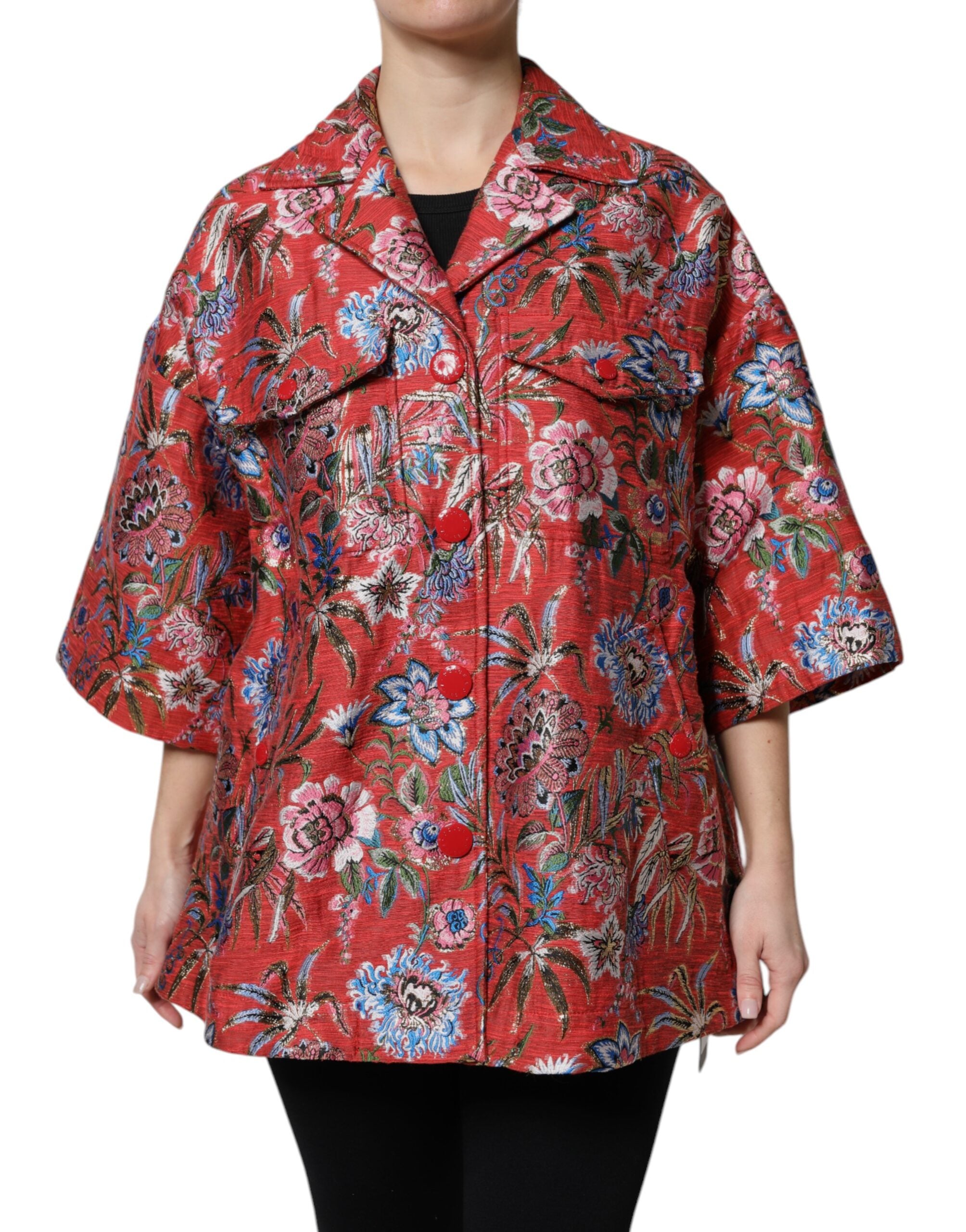 Dolce & Gabbana Red Floral Jacquard Button Down Coat Women's Jacket