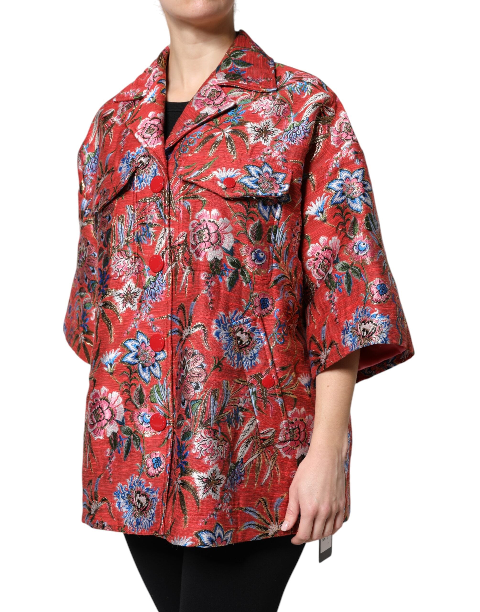 Dolce & Gabbana Red Floral Jacquard Button Down Coat Women's Jacket