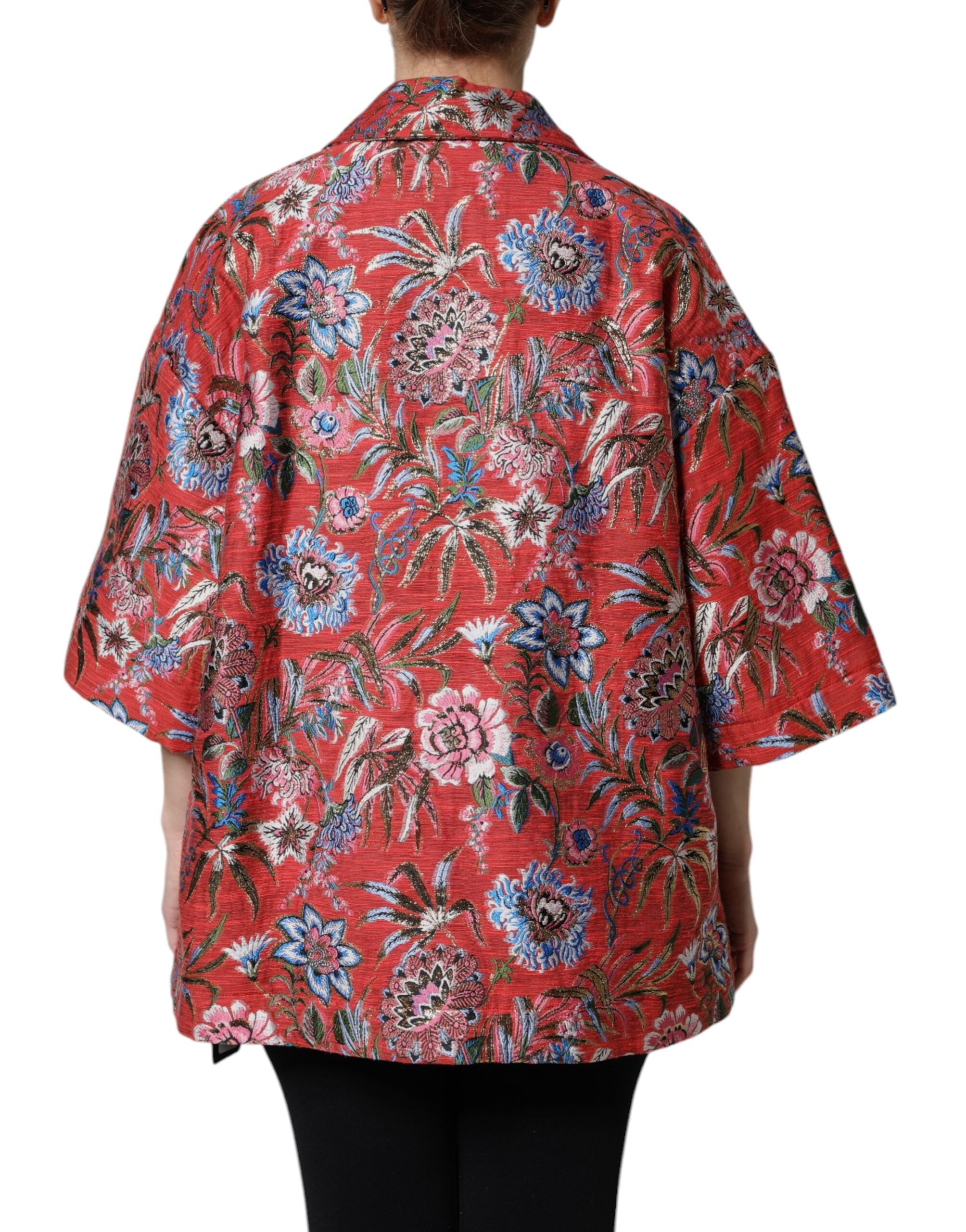 Dolce & Gabbana Red Floral Jacquard Button Down Coat Women's Jacket