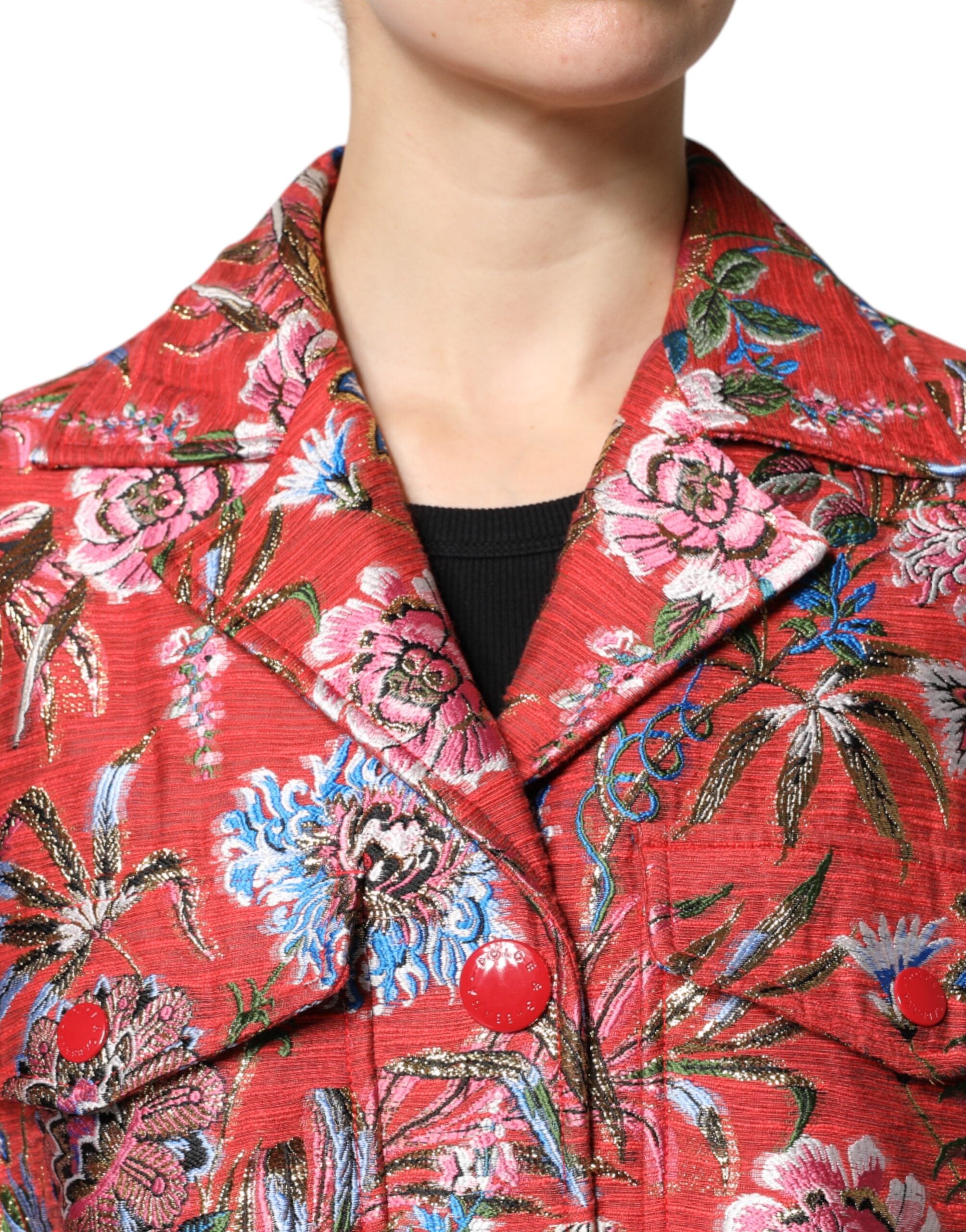 Dolce & Gabbana Red Floral Jacquard Button Down Coat Women's Jacket