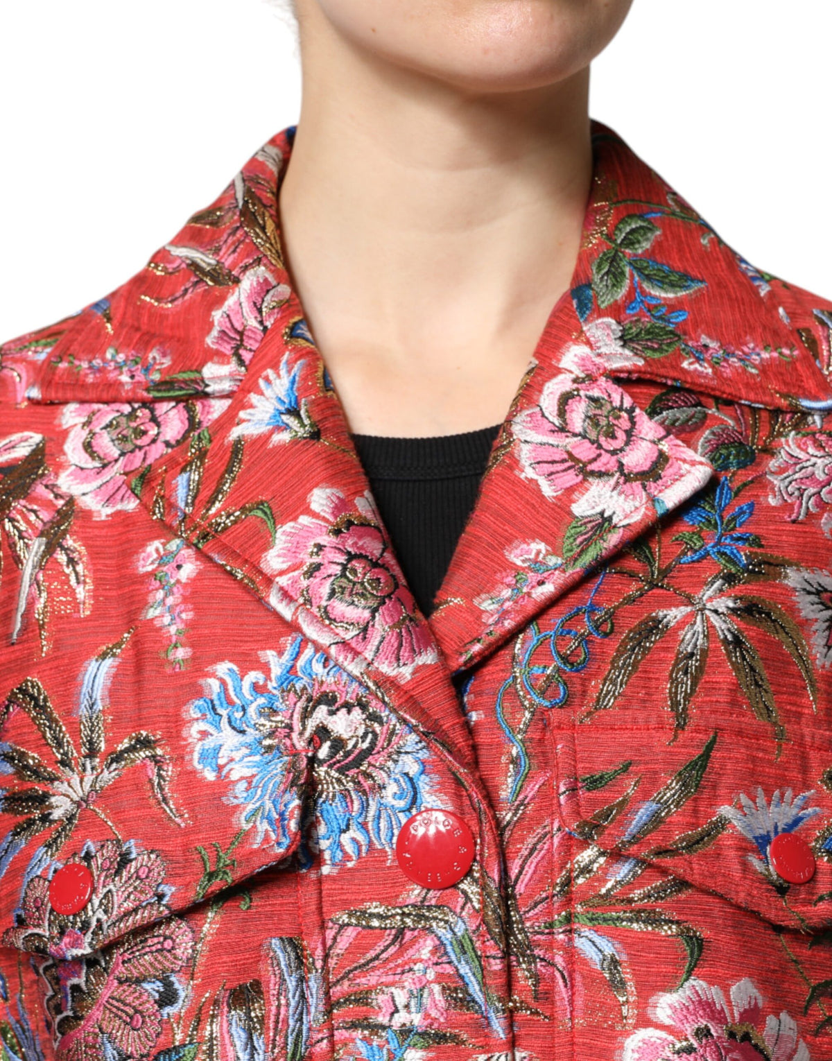 Dolce & Gabbana Red Floral Jacquard Button Down Coat Women's Jacket