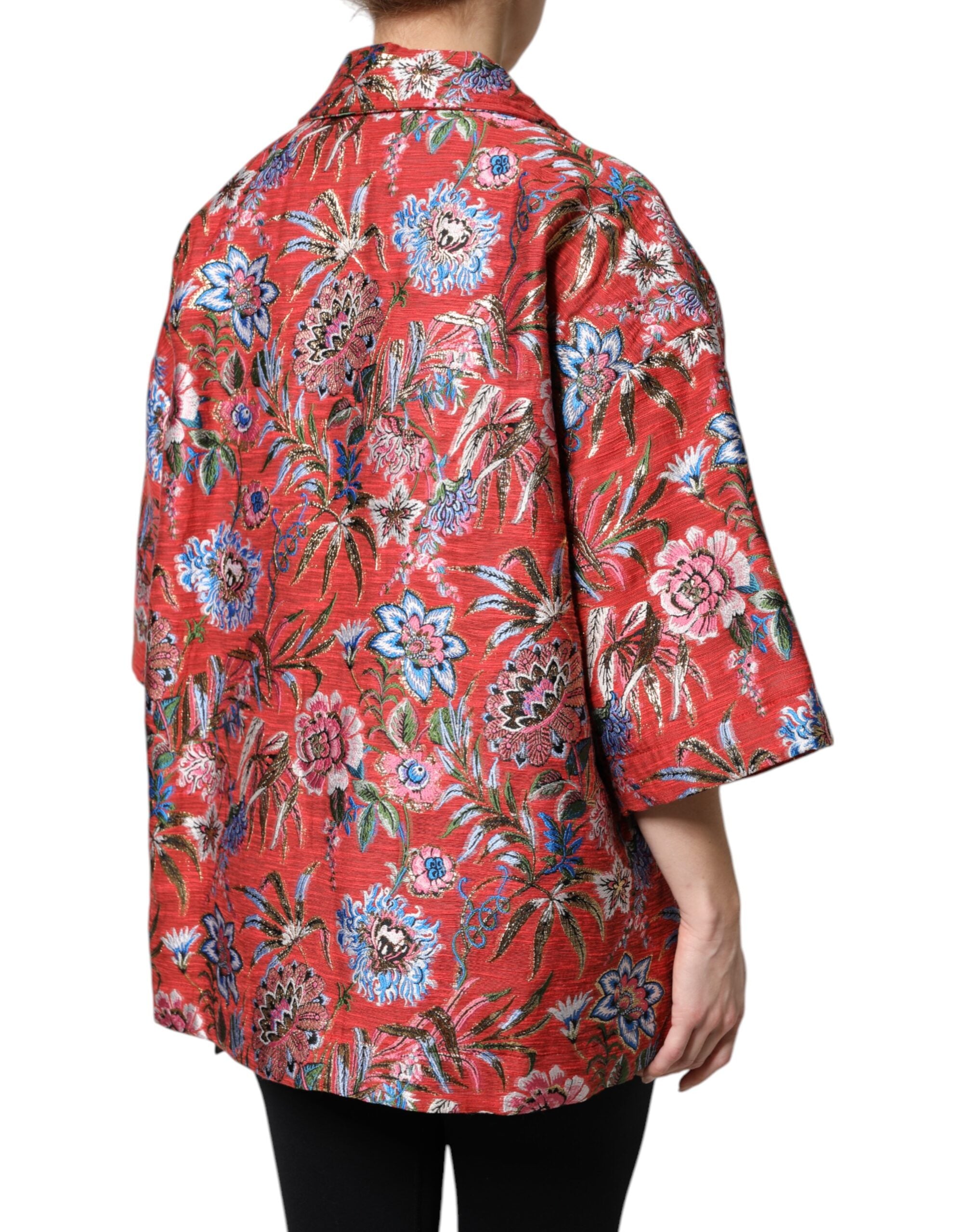 Dolce & Gabbana Red Floral Jacquard Button Down Coat Women's Jacket
