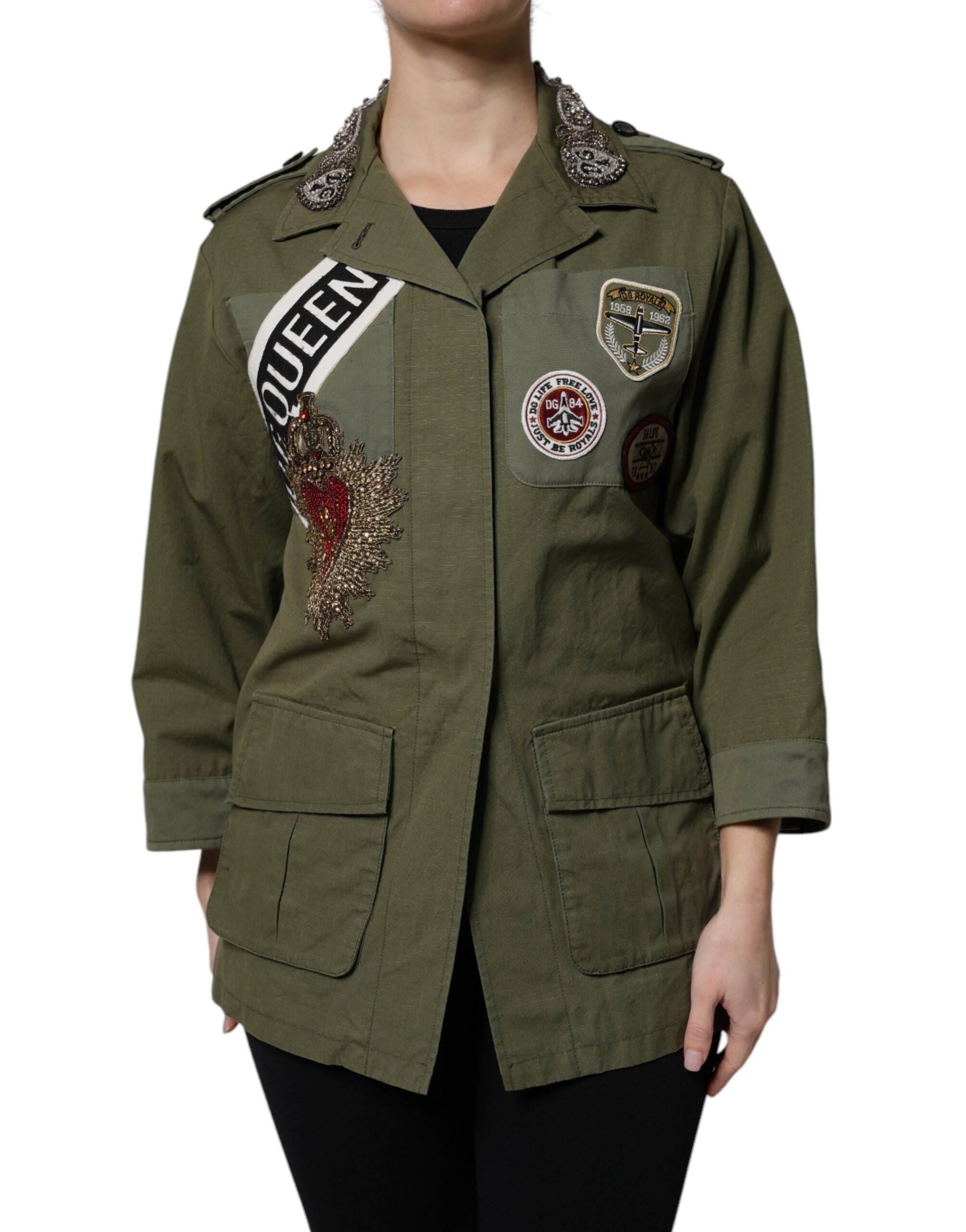 Dolce & Gabbana Military Green Queen Embellished Coat Women's Jacket