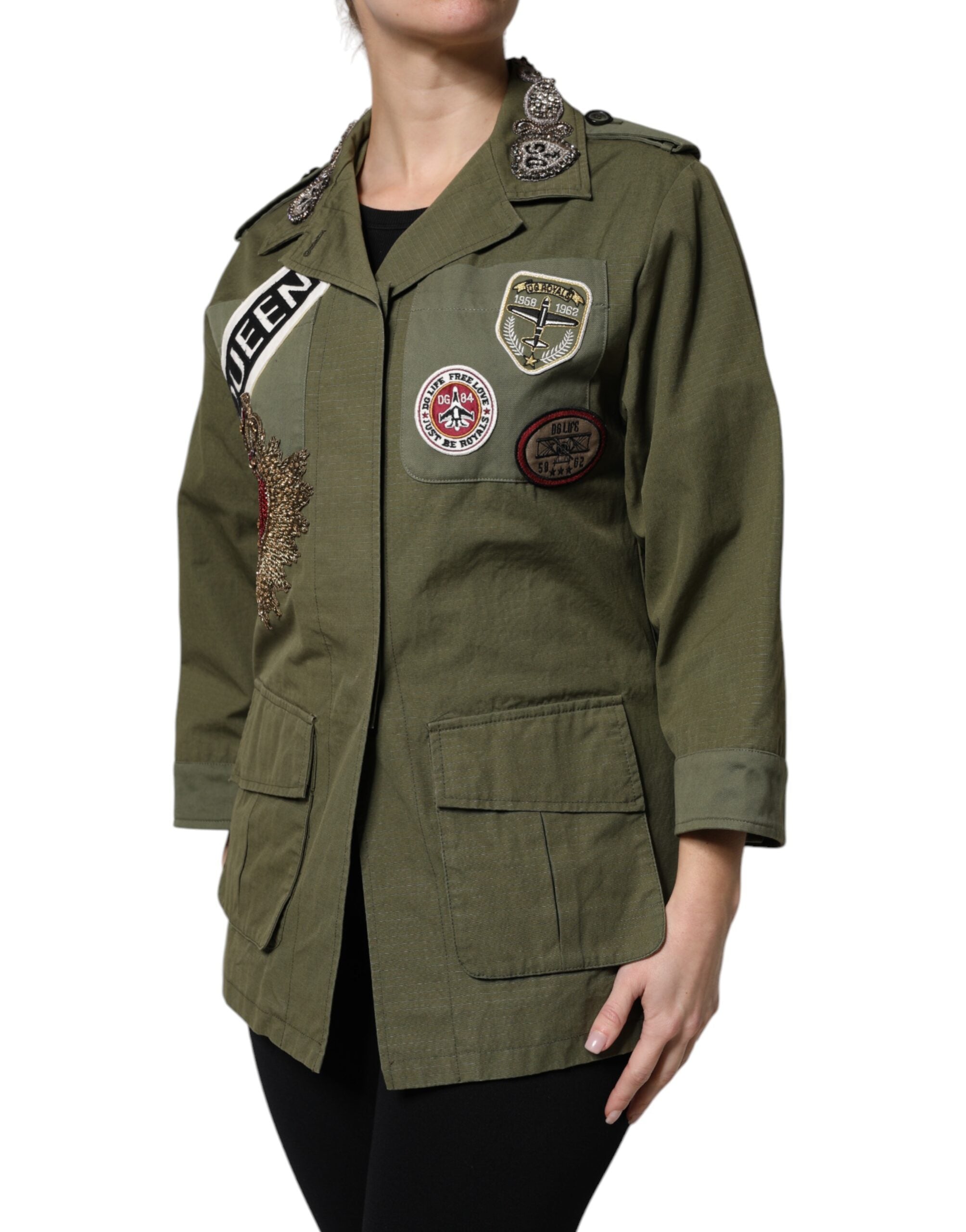 Dolce & Gabbana Military Green Queen Embellished Coat Women's Jacket