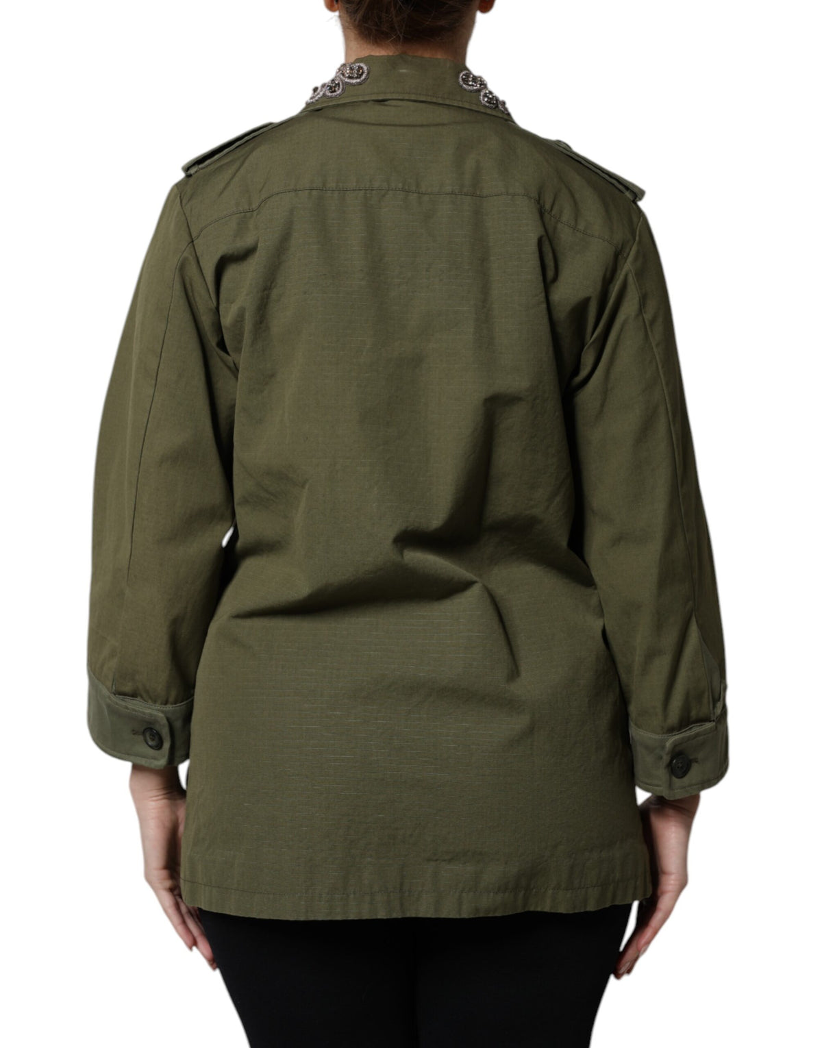 Dolce & Gabbana Military Green Queen Embellished Coat Women's Jacket