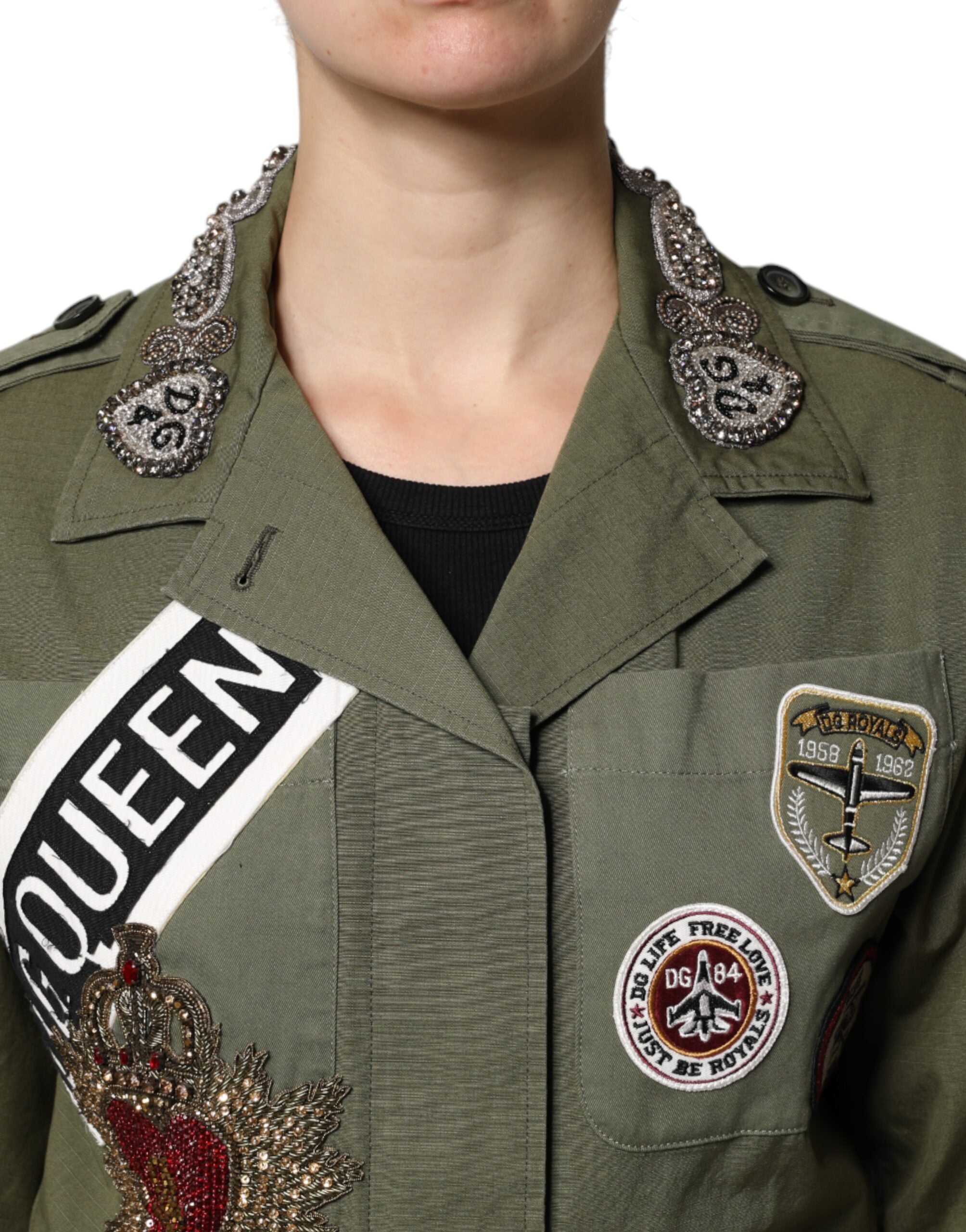 Dolce & Gabbana Military Green Queen Embellished Coat Women's Jacket