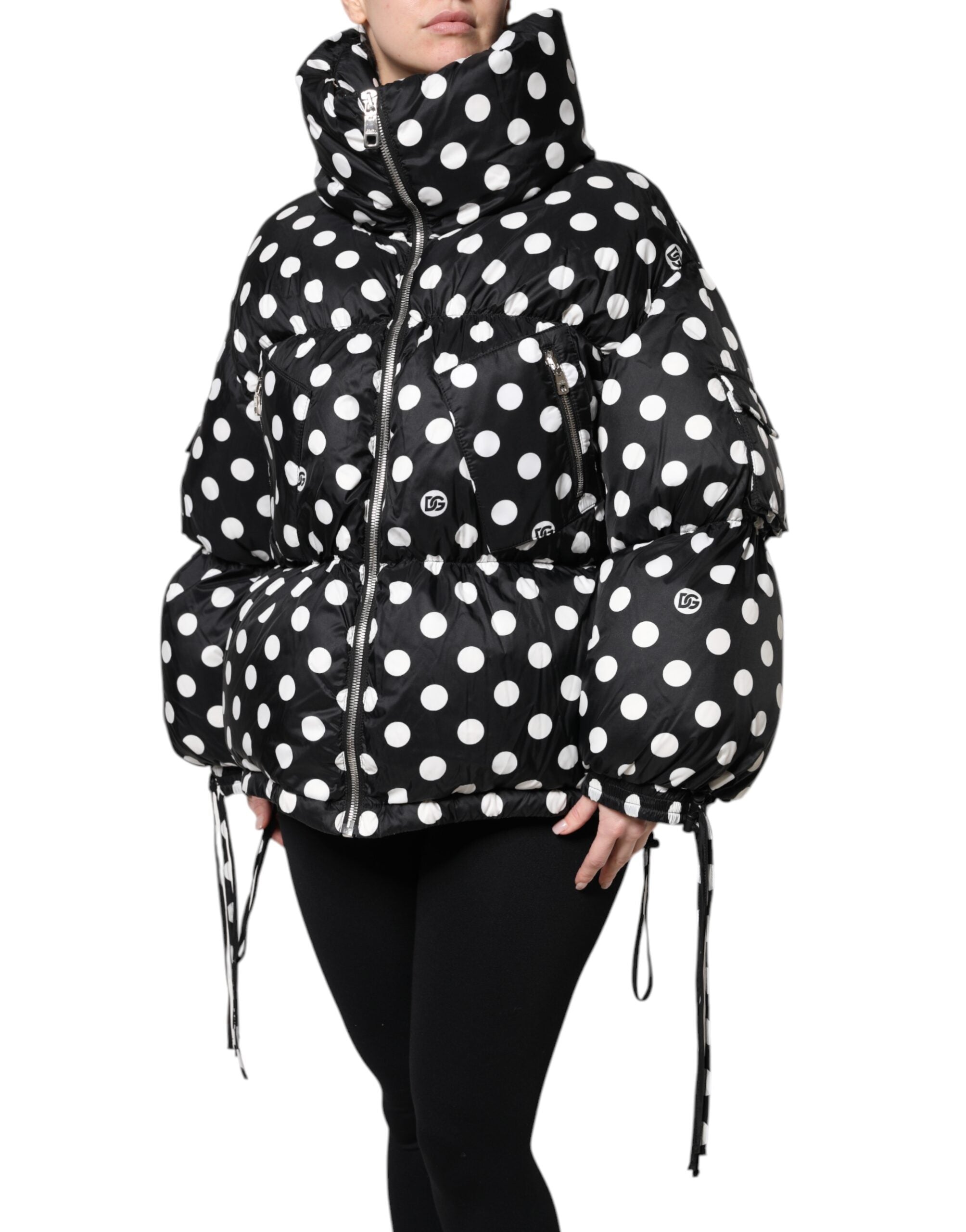 Dolce & Gabbana Black White Polka Dot Full Zip Puffer Women's Jacket