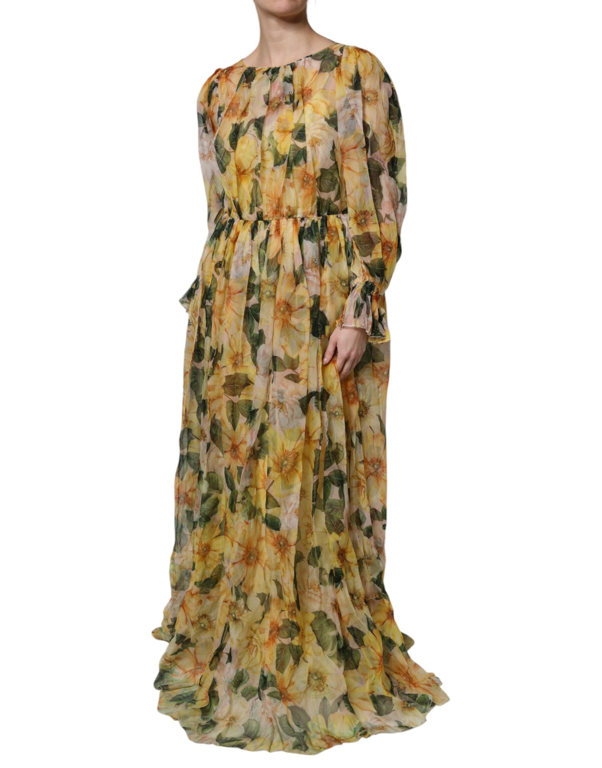Dolce & Gabbana Yellow Floral Print Silk Maxi Long Gown Women's Dress (Pre-Owned)
