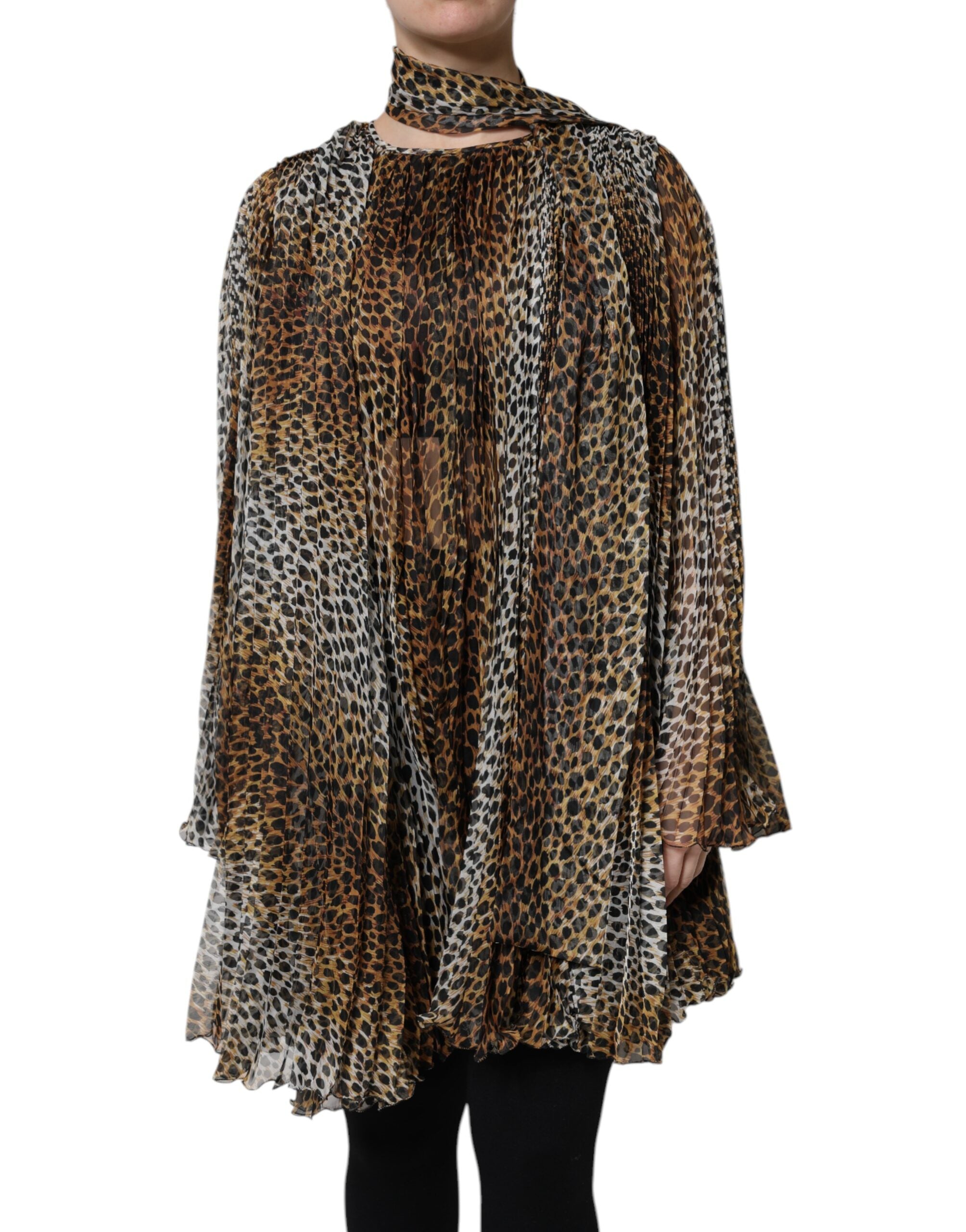 Dolce & Gabbana Brown Leopard Print Scarf Collared Chiffon Dress - IT44
