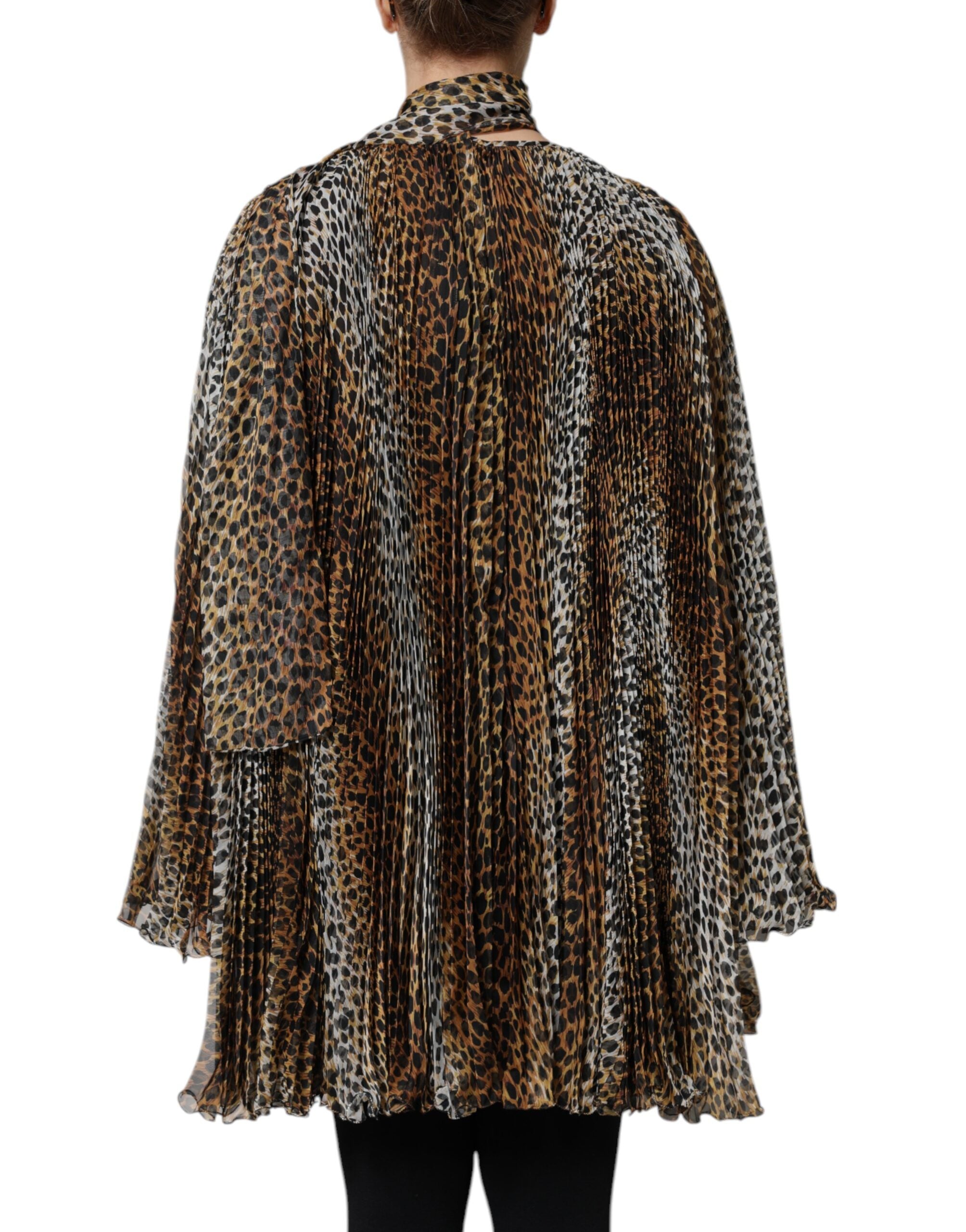 Dolce & Gabbana Brown Leopard Print Scarf Collared Chiffon Women's Dress