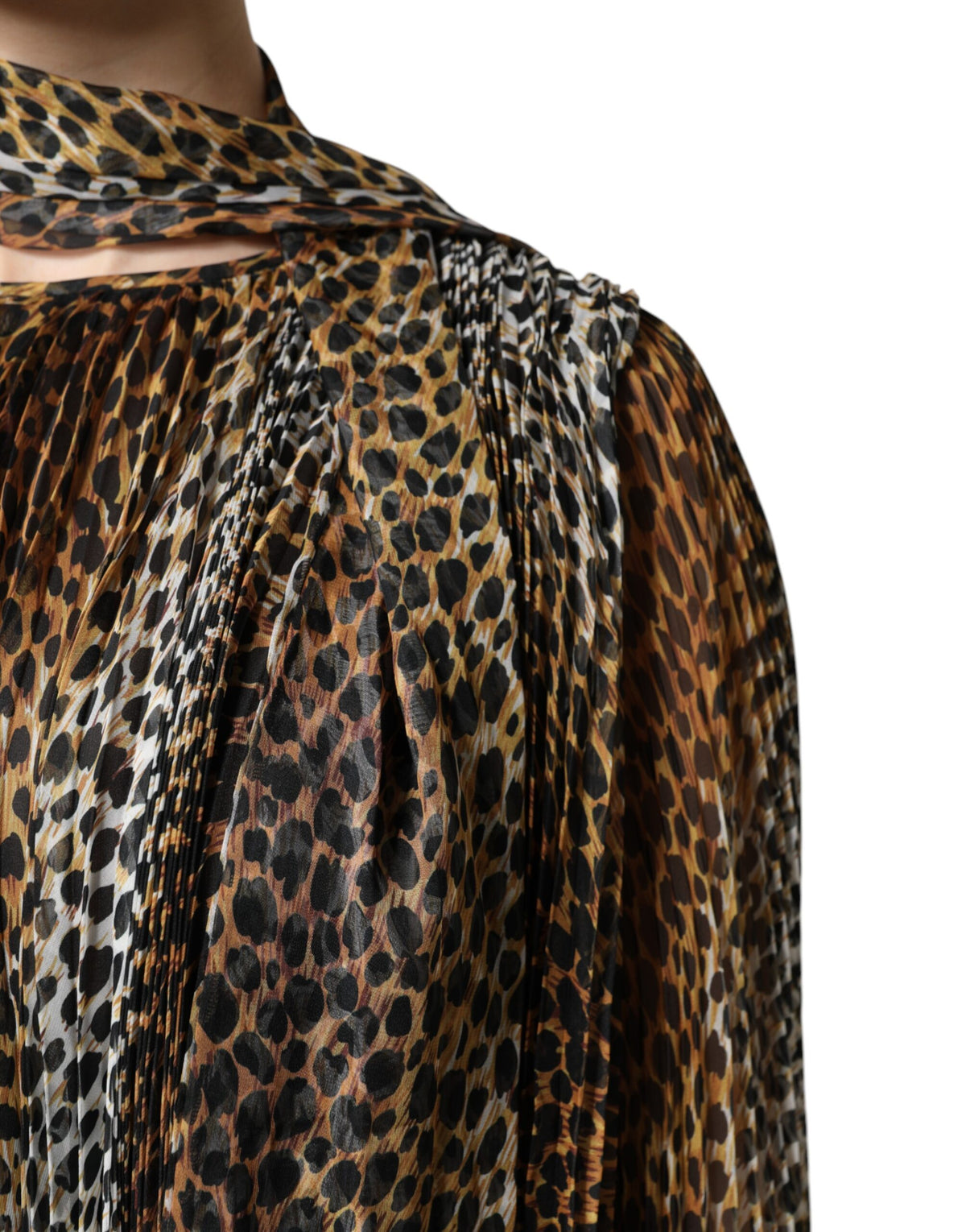 Dolce & Gabbana Brown Leopard Print Scarf Collared Chiffon Women's Dress