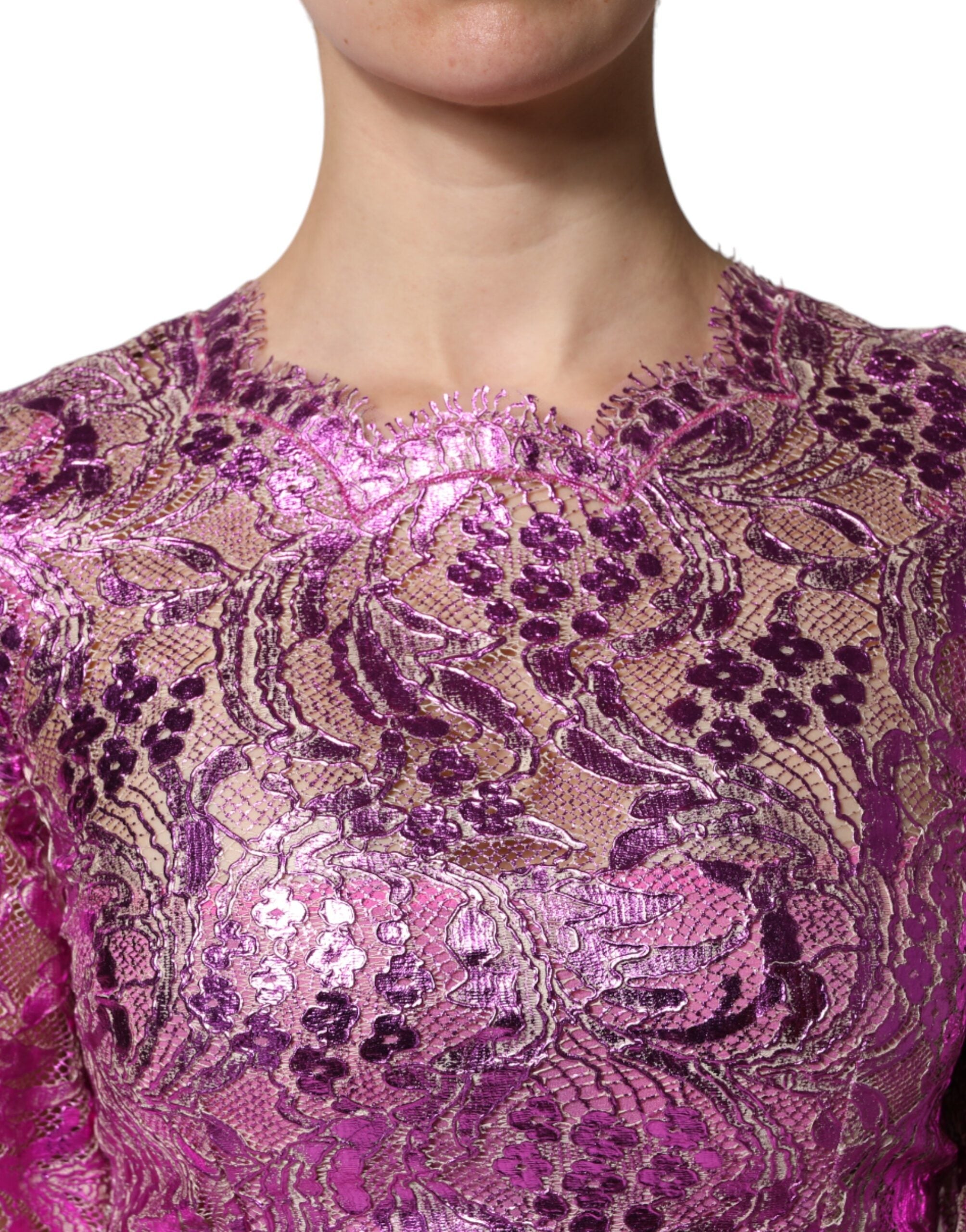 Dolce & Gabbana Metallic Fuchsia Floral Sheath Mini Women's Dress