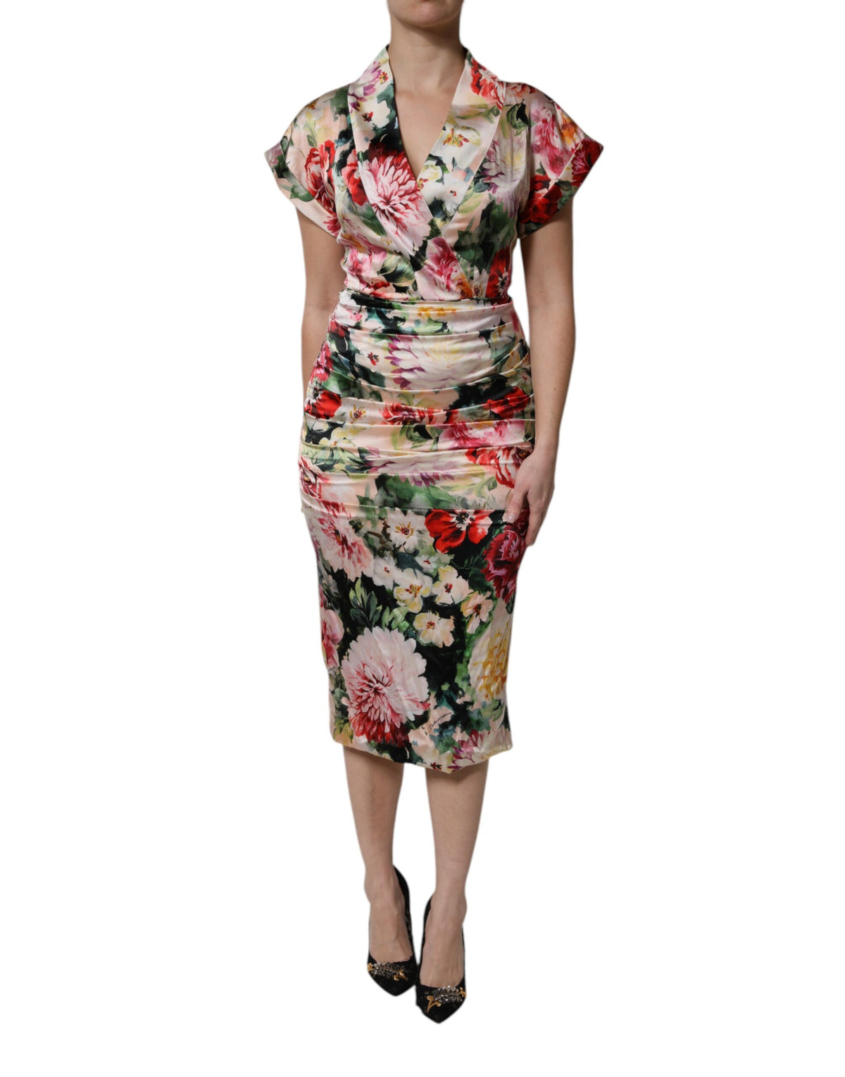 Dolce & Gabbana Multicolor Floral Short Sleeves Sheath Midi Women's Dress
