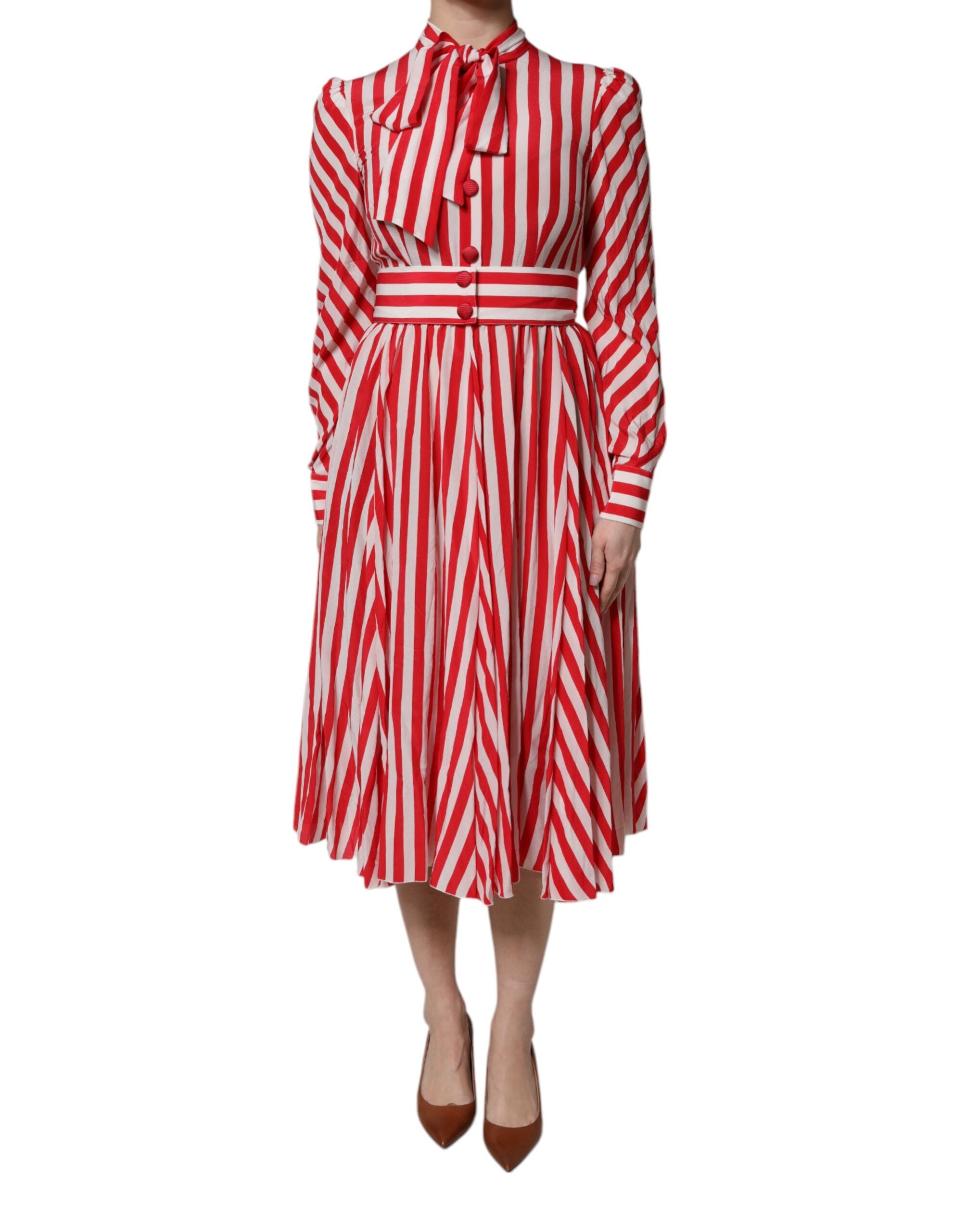 Dolce & Gabbana White Red Stripes Long Sleeves Midi Women's Dress