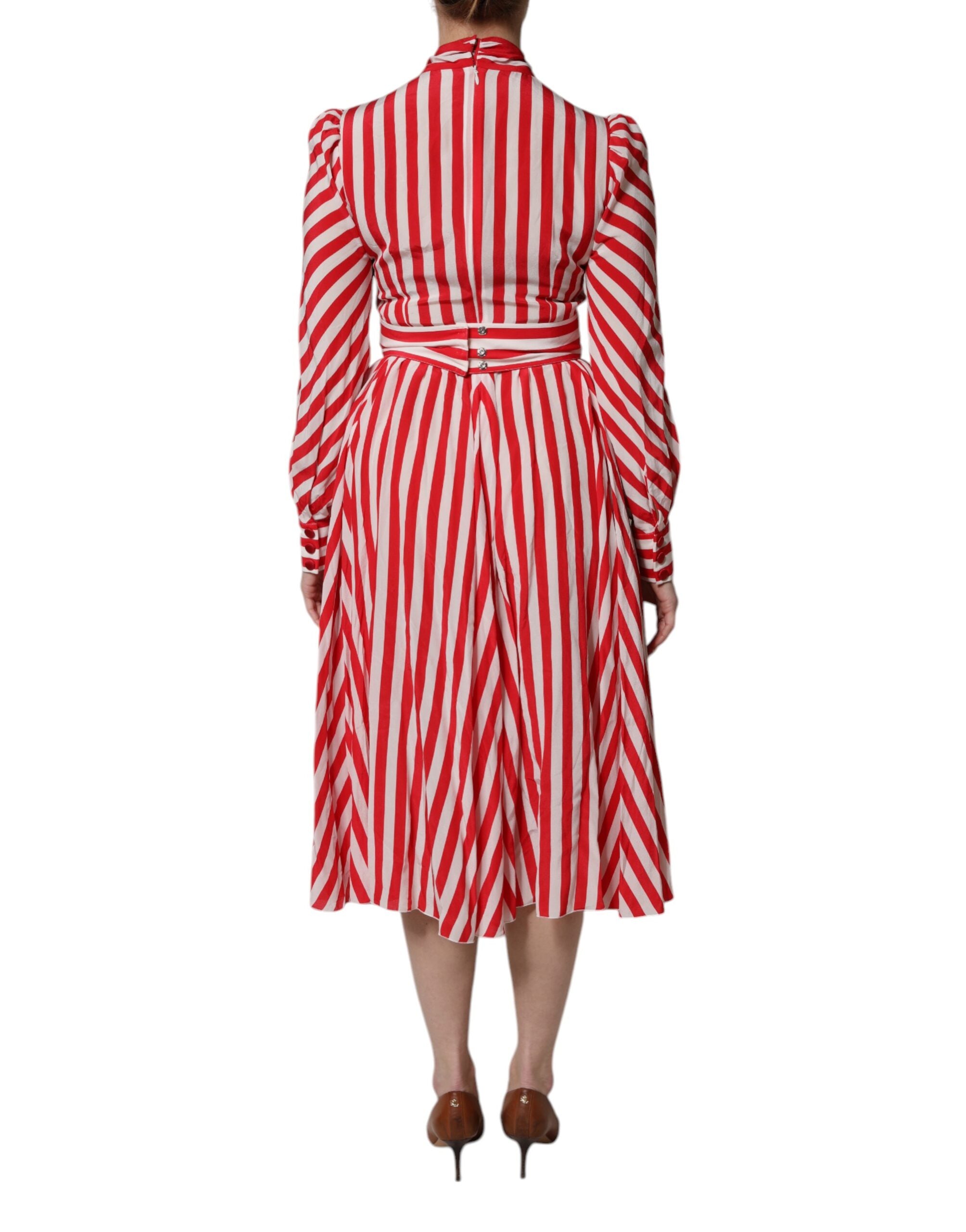 Dolce & Gabbana White Red Stripes Long Sleeves Midi Women's Dress