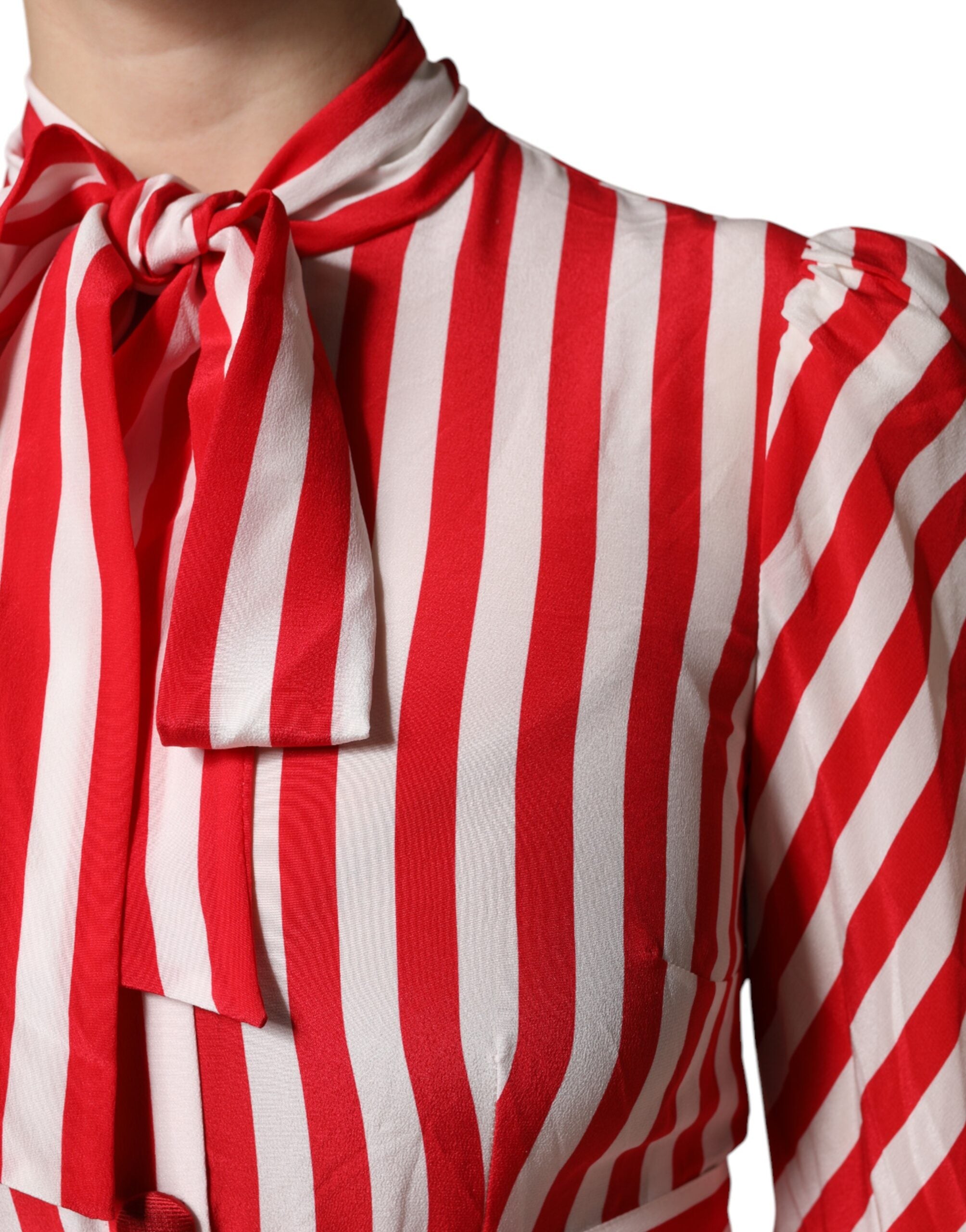 Dolce & Gabbana White Red Stripes Long Sleeves Midi Women's Dress