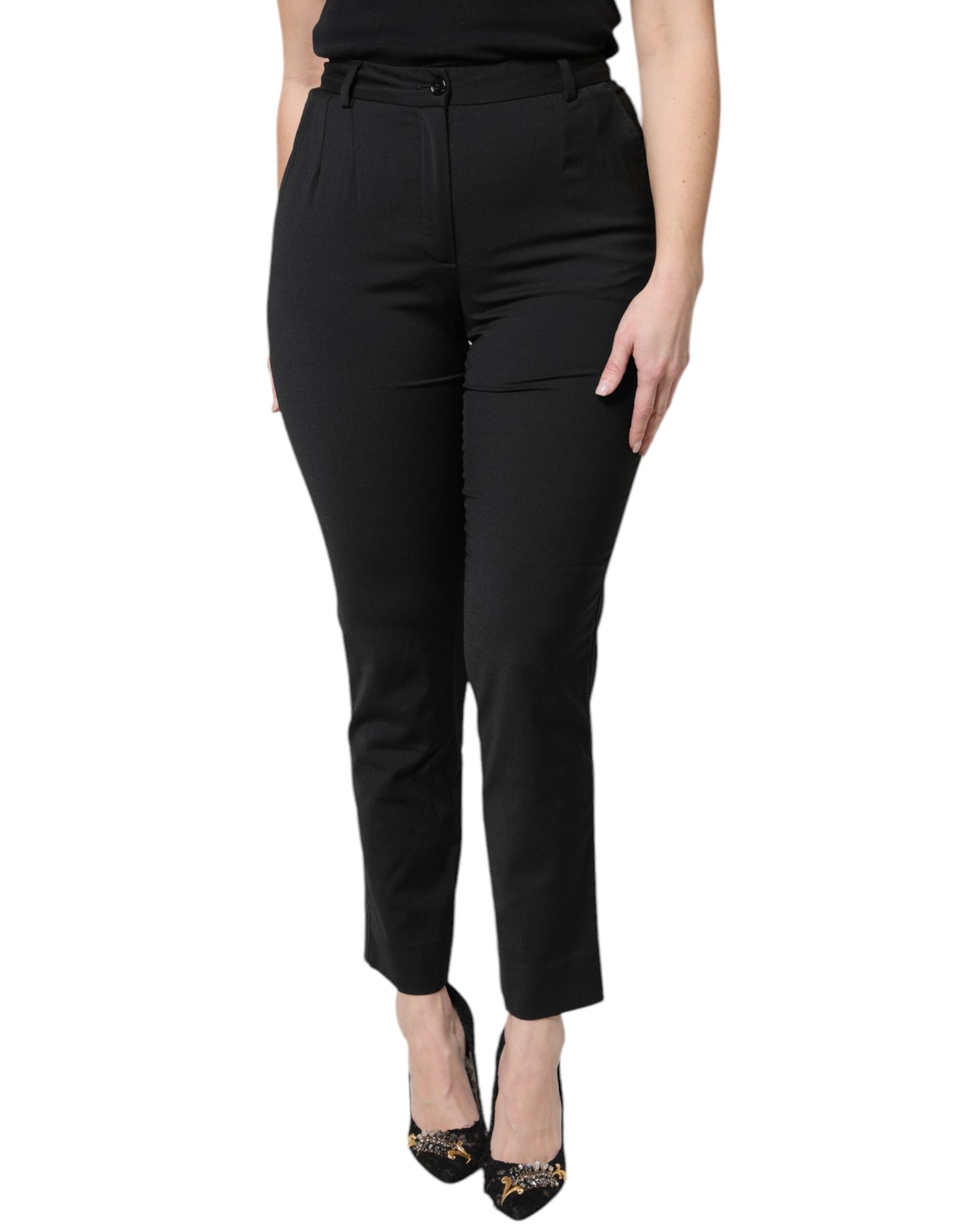 Dolce & Gabbana Black Polyester High Waist Slim Women's Pants (Pre-Owned)