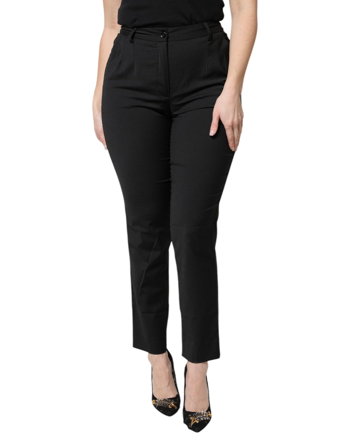 Dolce & Gabbana Black Polyester High Waist Slim Women's Pants (Pre-Owned)