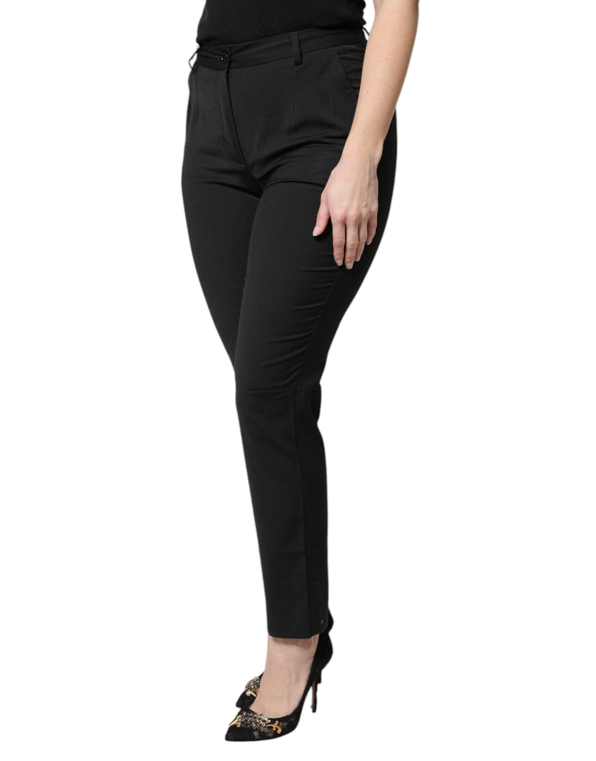 Dolce & Gabbana Black Polyester High Waist Slim Women's Pants (Pre-Owned)