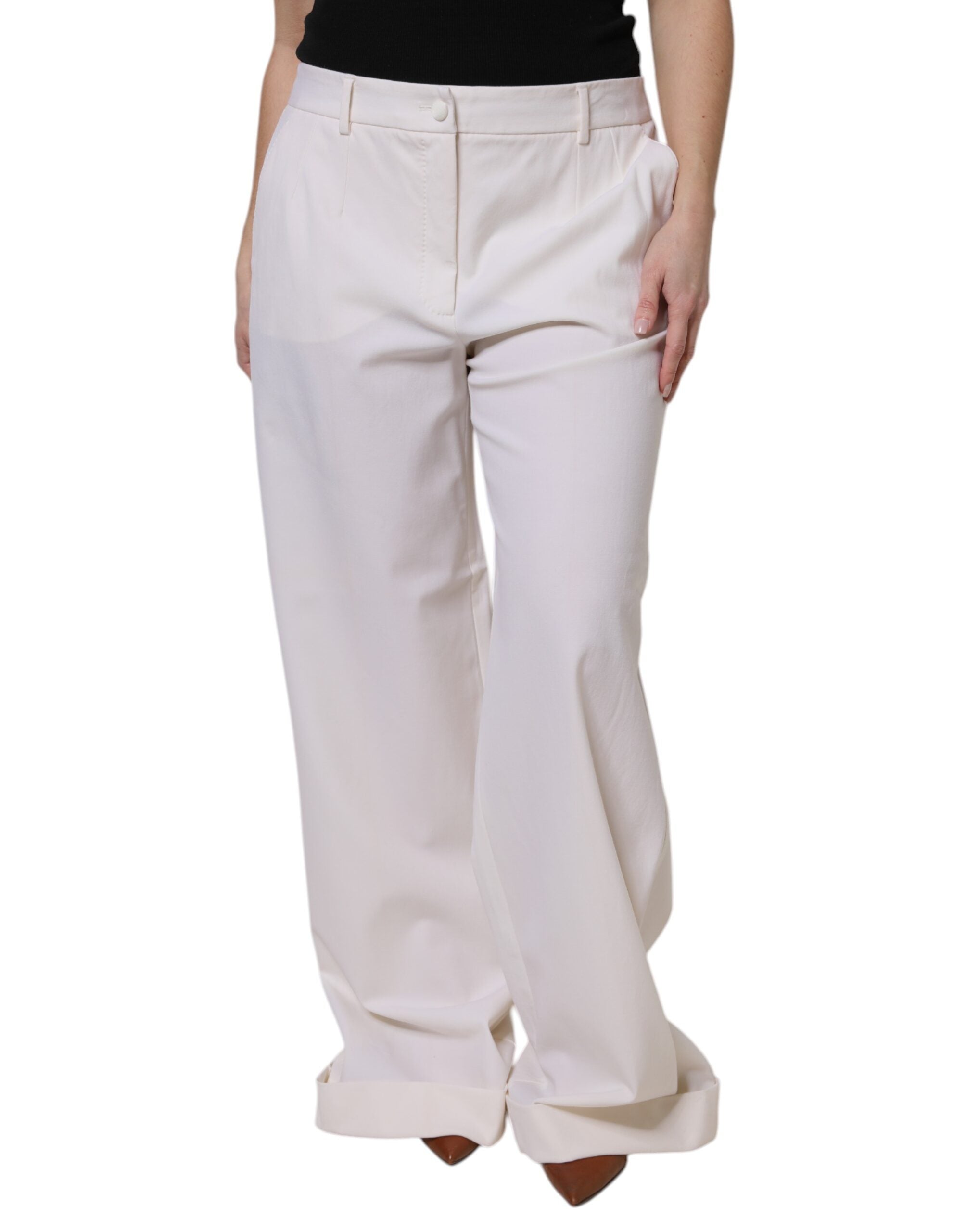 Dolce & Gabbana White Wool Mid Waist Wide Leg Women's Pants (Pre-Owned)