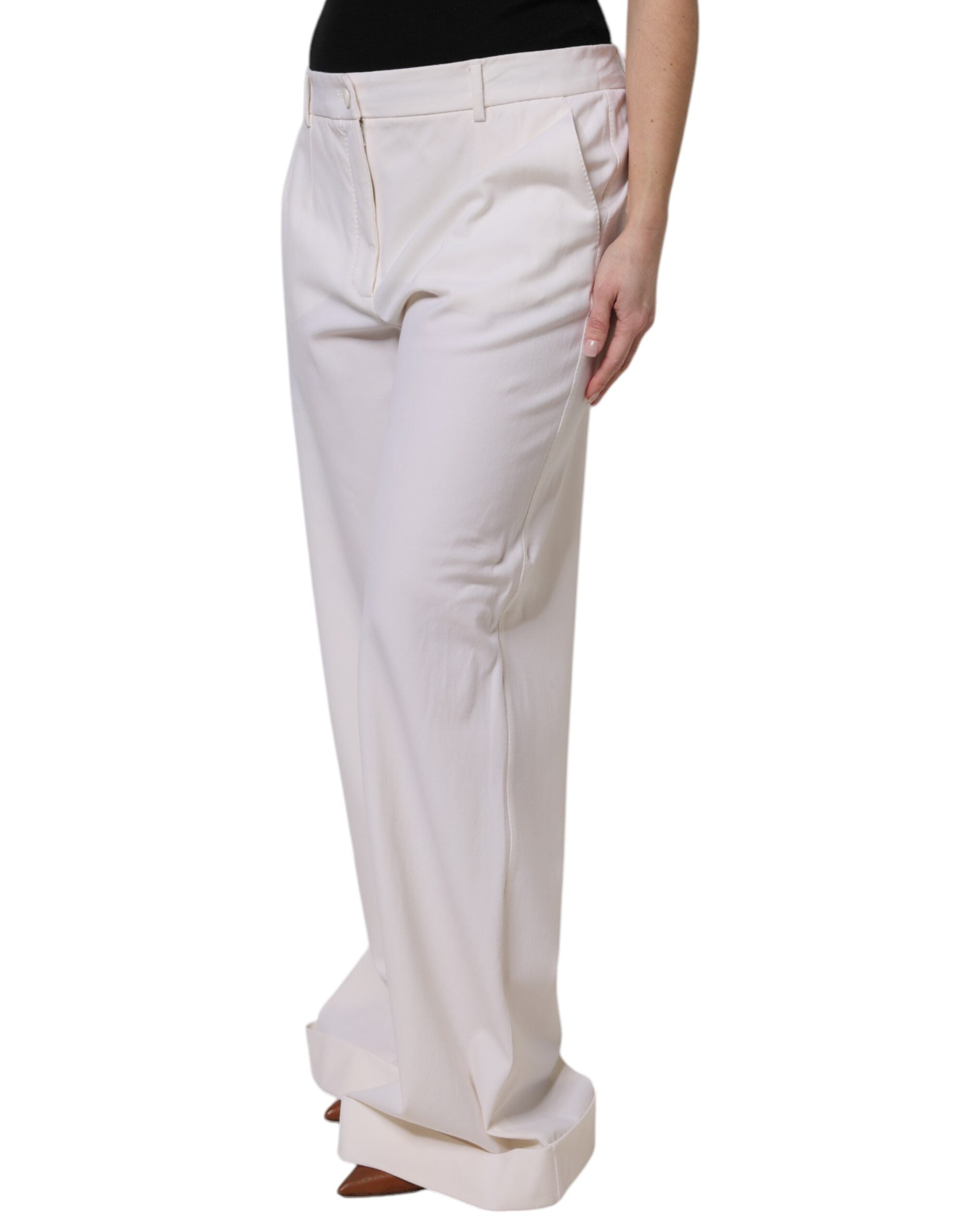 Dolce & Gabbana White Wool Mid Waist Wide Leg Women's Pants (Pre-Owned)