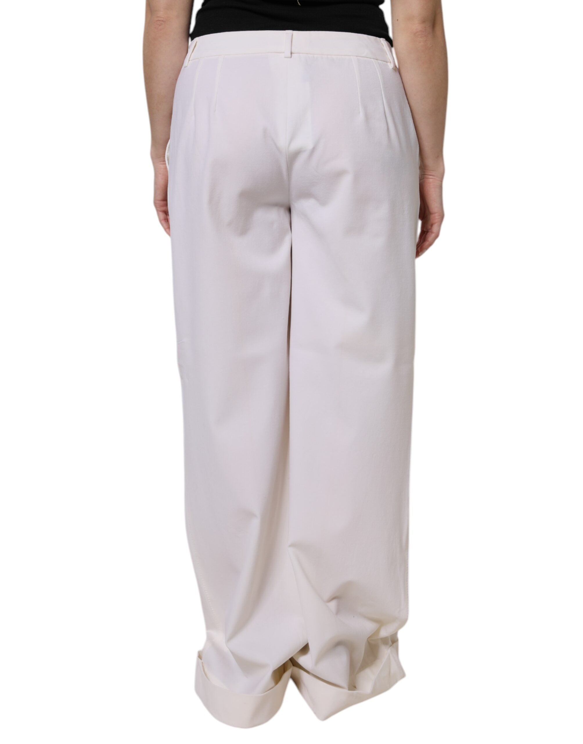 Dolce & Gabbana White Wool Mid Waist Wide Leg Women's Pants (Pre-Owned)