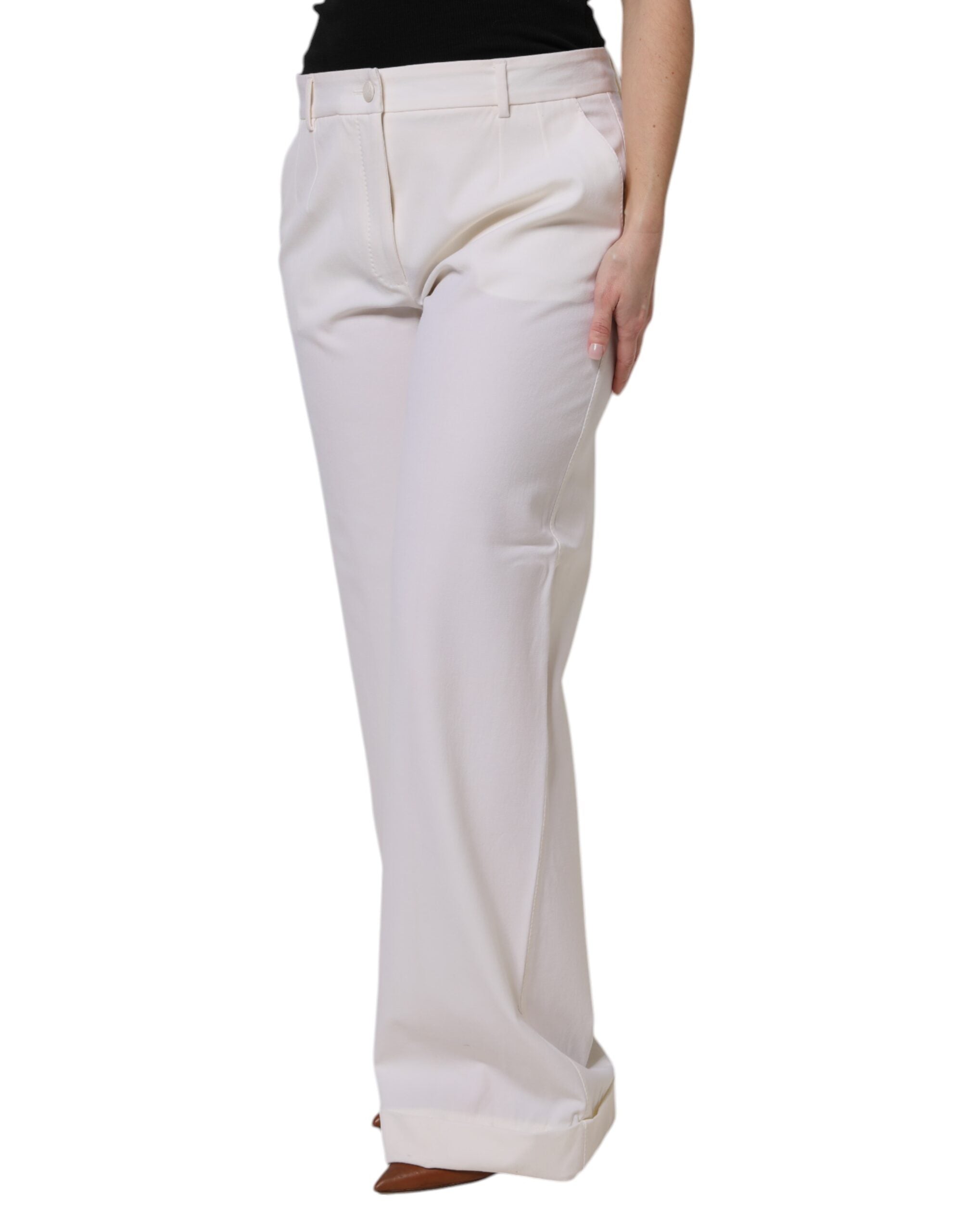 Dolce & Gabbana White Wool Mid Waist Wide Leg Women's Pants (Pre-Owned)