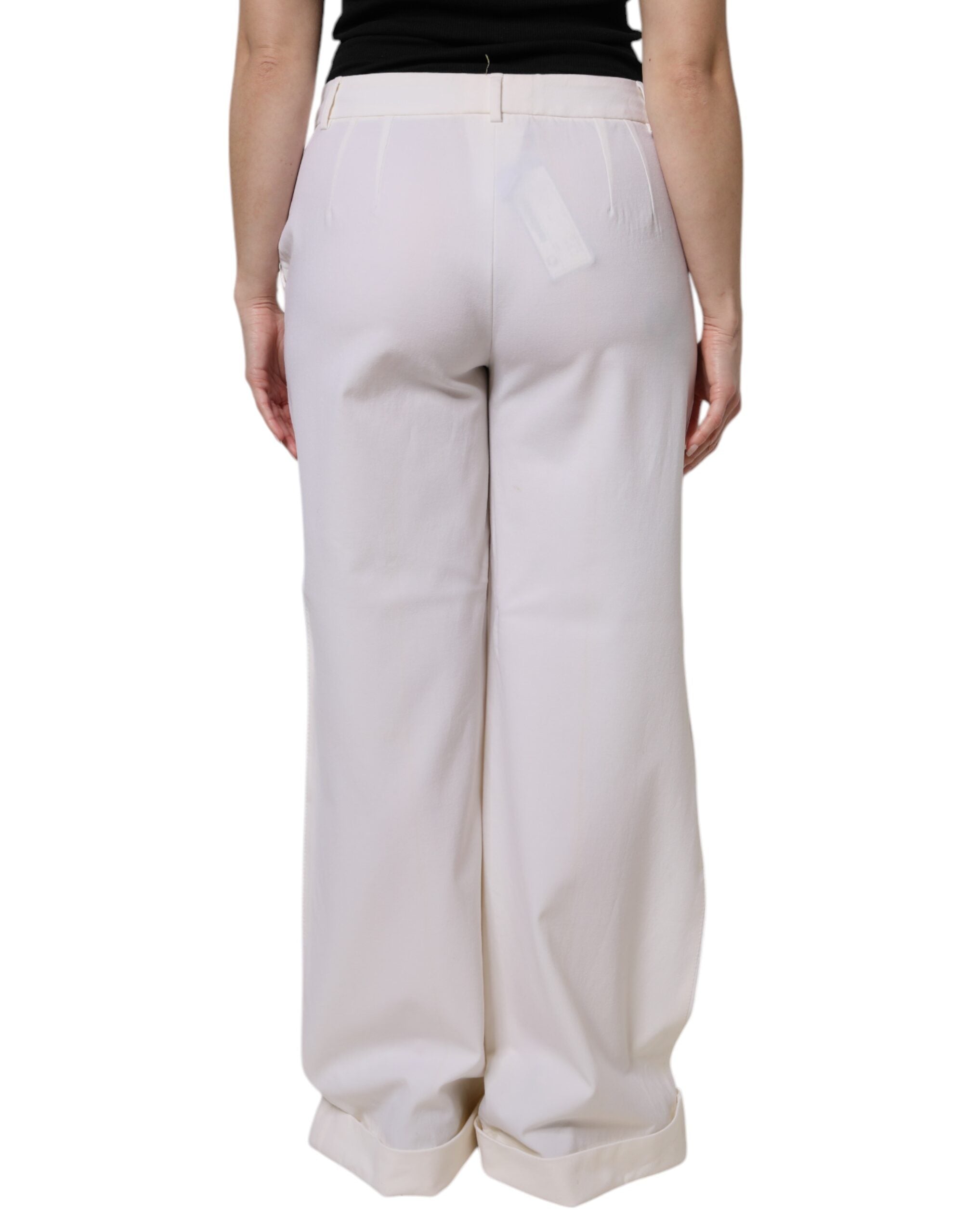 Dolce & Gabbana White Wool Mid Waist Wide Leg Women's Pants (Pre-Owned)