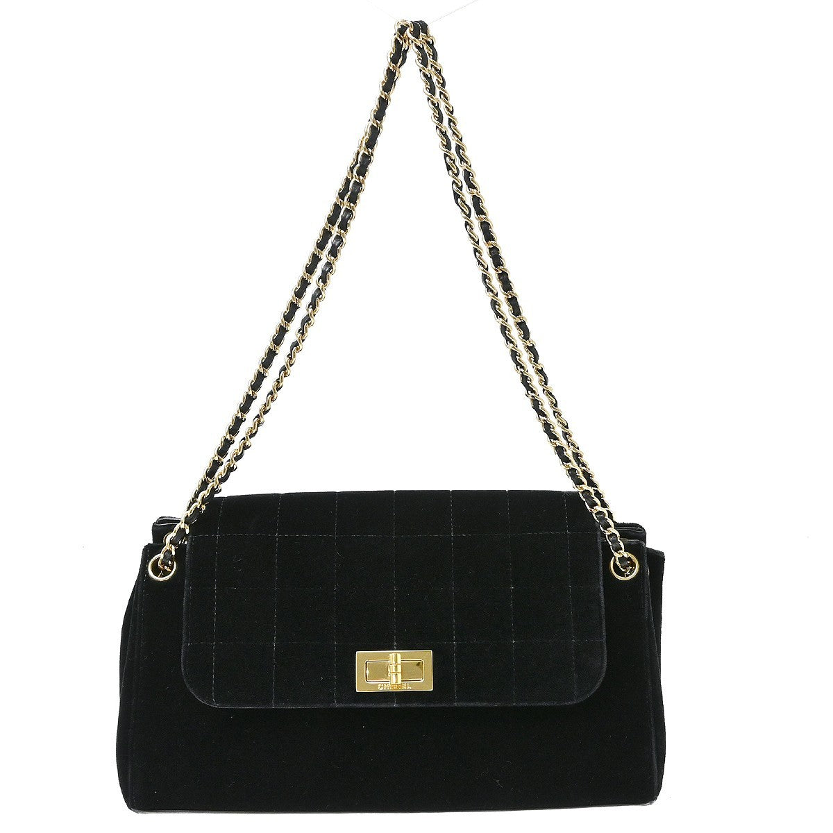 Chanel Chocolate Bar Mademoiselle Lock Chain Quilted Velvet Black Velvet Shoulder Bag Bag (Pre-Owned)