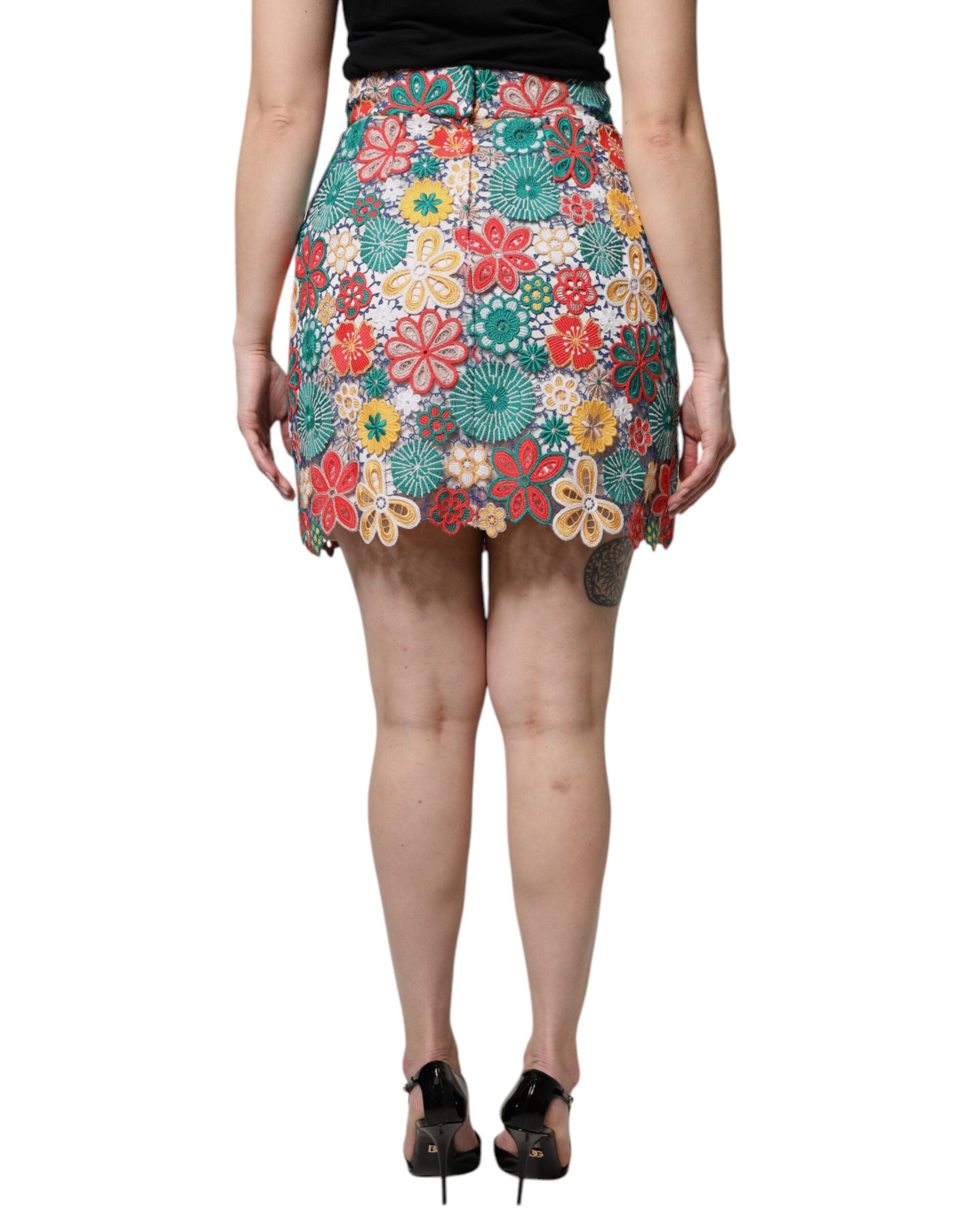 Dolce & Gabbana Multicolor Floral Lace High Waist Mini Women's Skirt