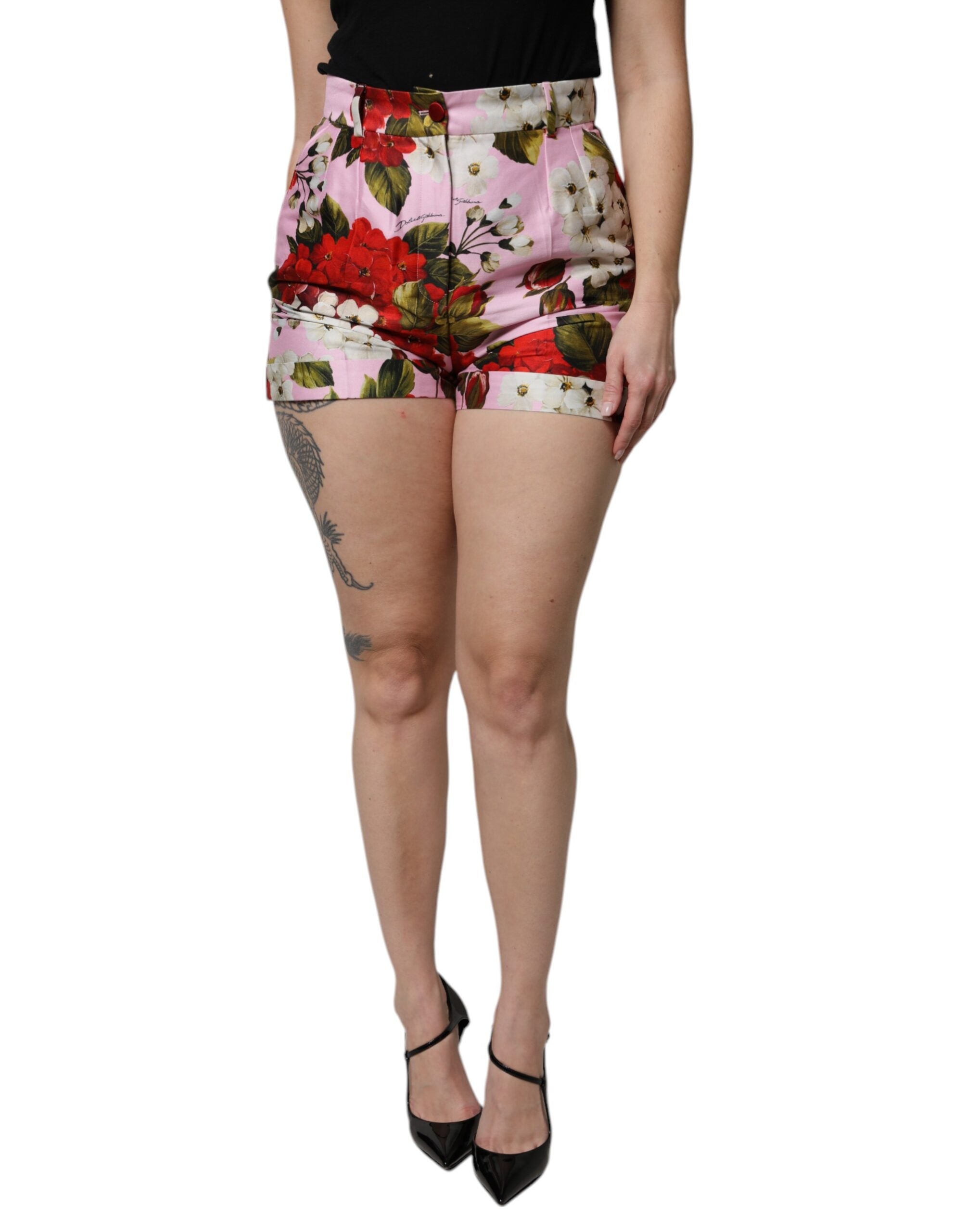 Dolce & Gabbana Pink Floral Print High Waist Hotpants Women's Short