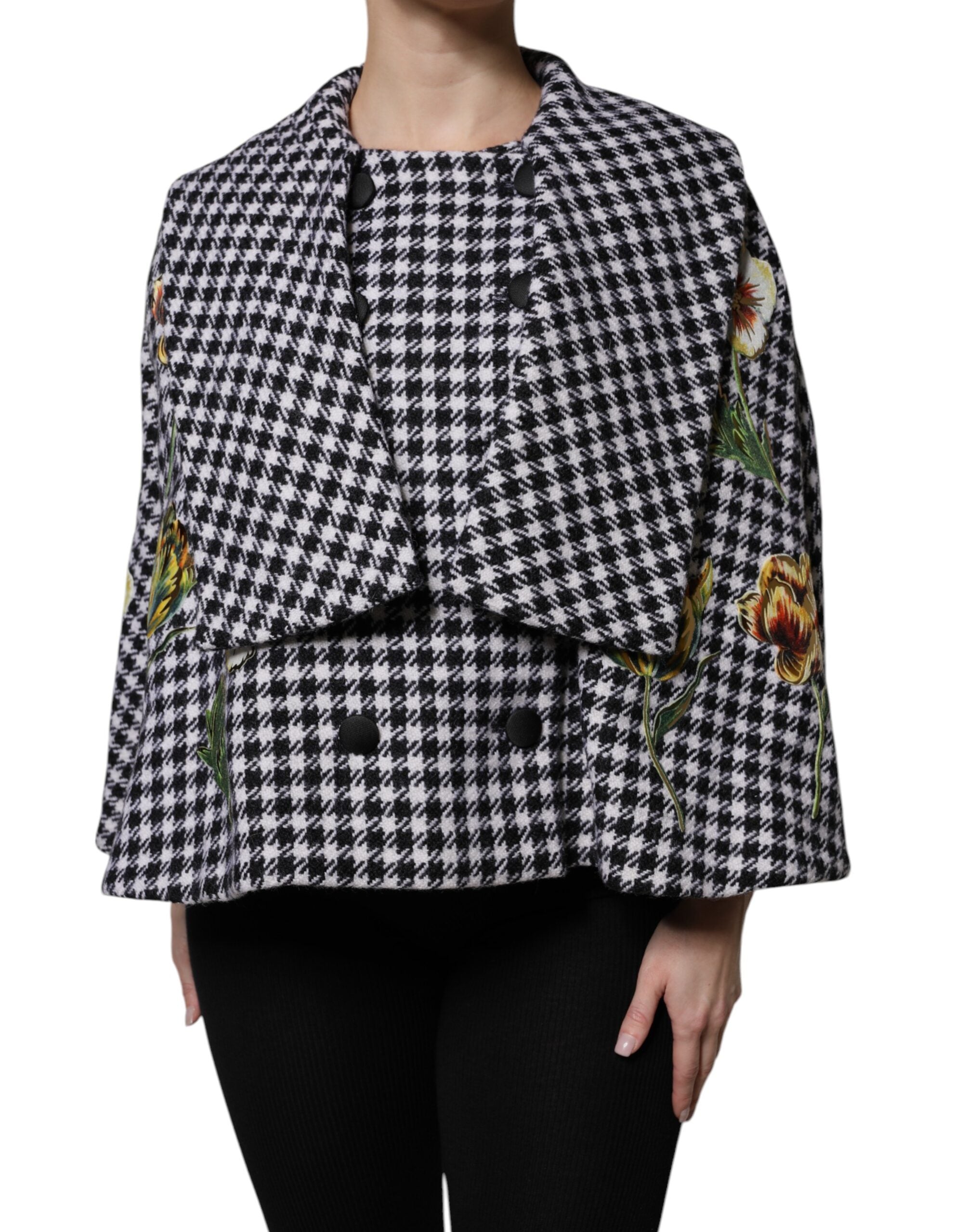 Dolce & Gabbana Black White Monochrome Patterned Floral Cape Women's Jacket