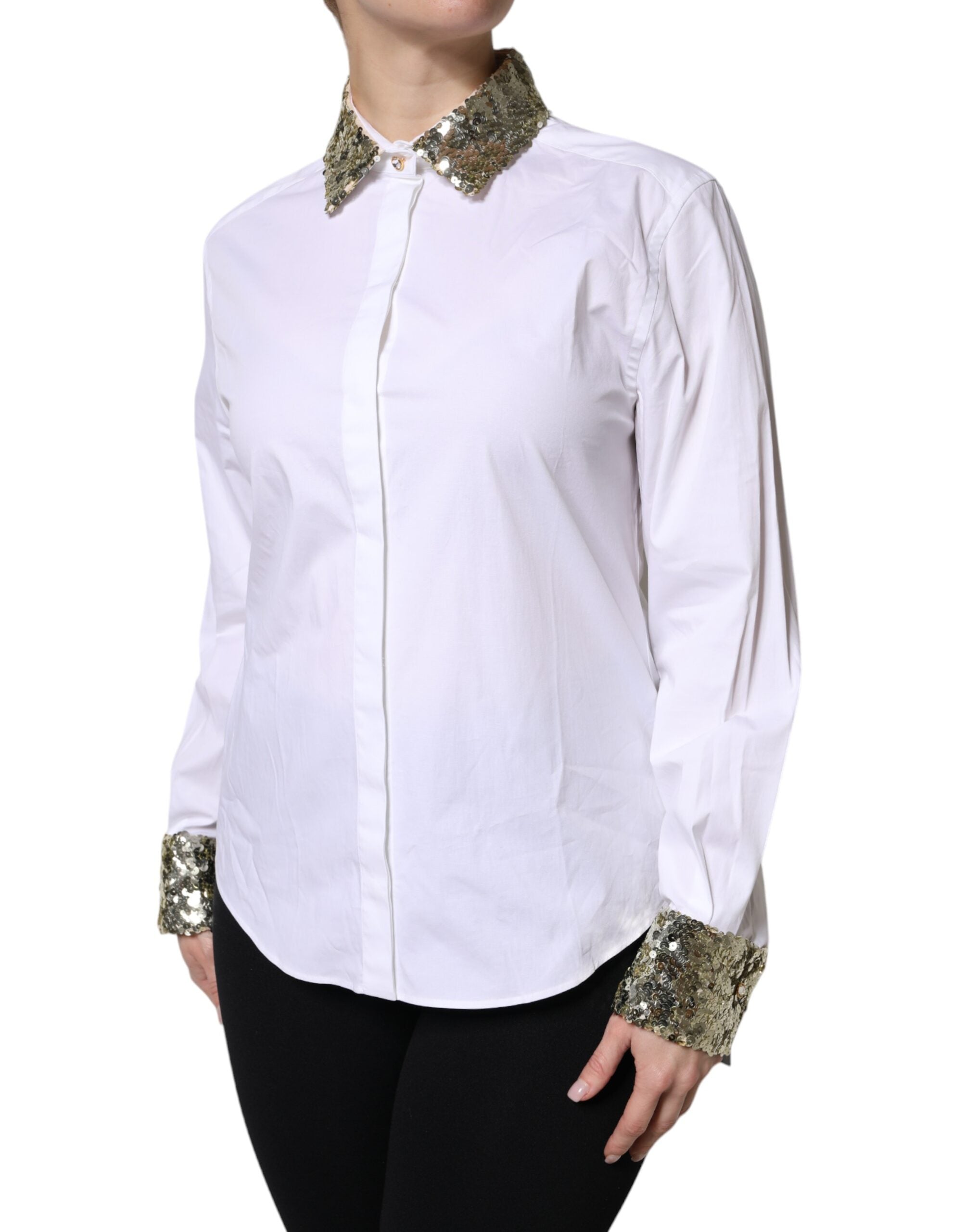 Dolce & Gabbana White Cotton Long Sleeves Sequin Shirt Women's Top