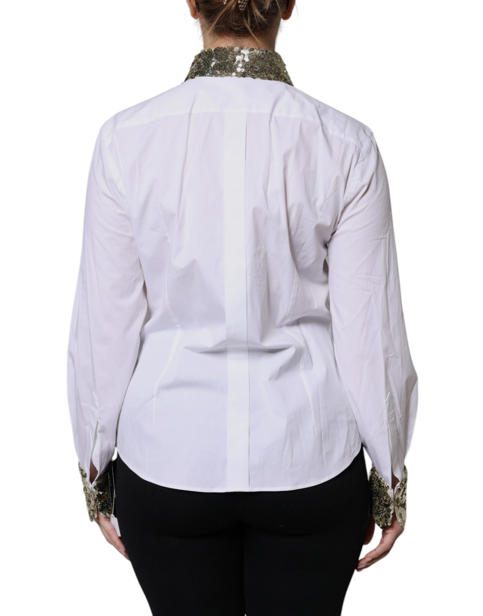 Dolce & Gabbana White Cotton Long Sleeves Sequin Shirt Women's Top