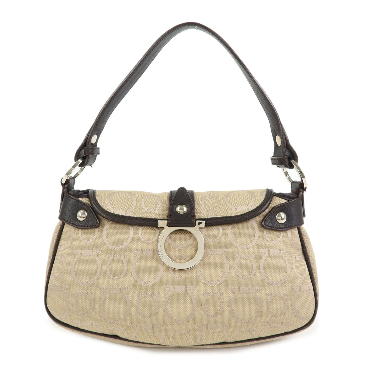 Salvatore Ferragamo Gancini Handle Leather Beige Canvas Tote Bag Bag (Pre-Owned)