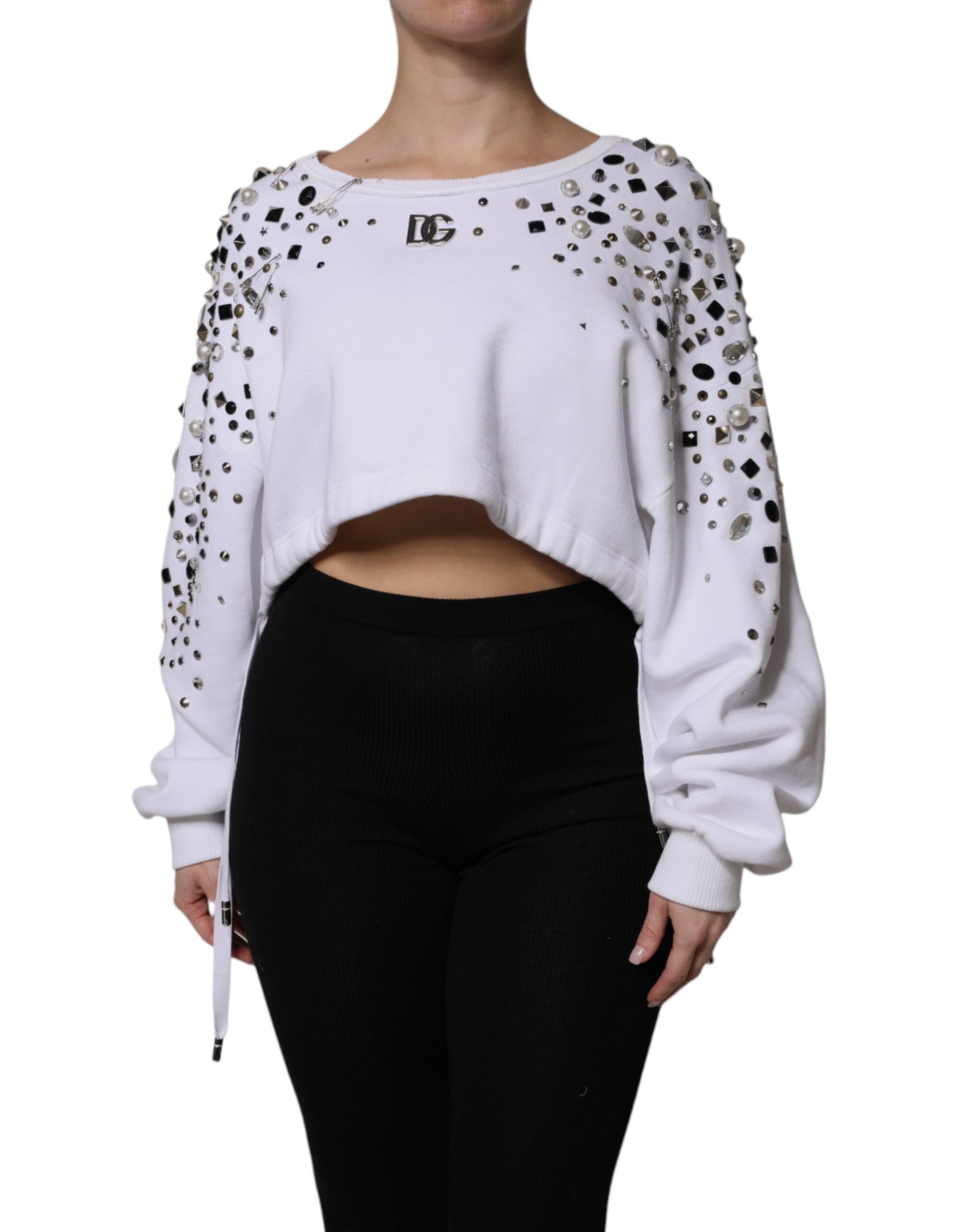 Dolce & Gabbana White Embellished Long Sleeve Cropped Women's Sweater