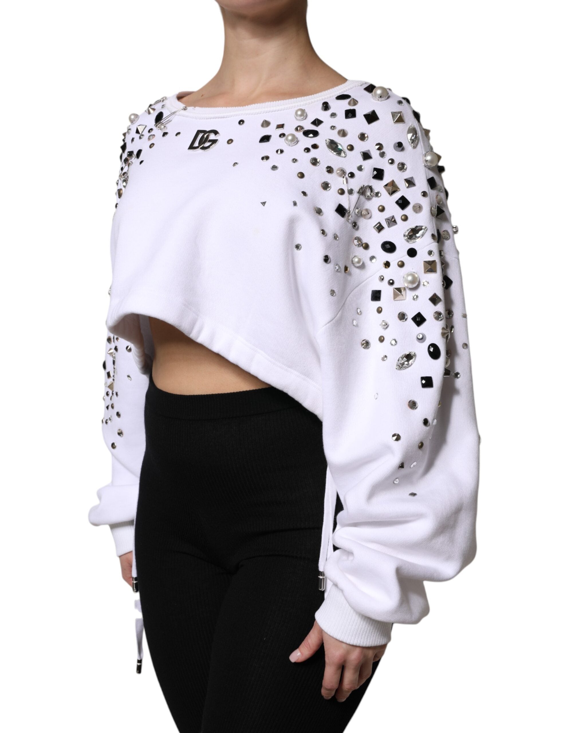 Dolce & Gabbana White Embellished Long Sleeve Cropped Women's Sweater