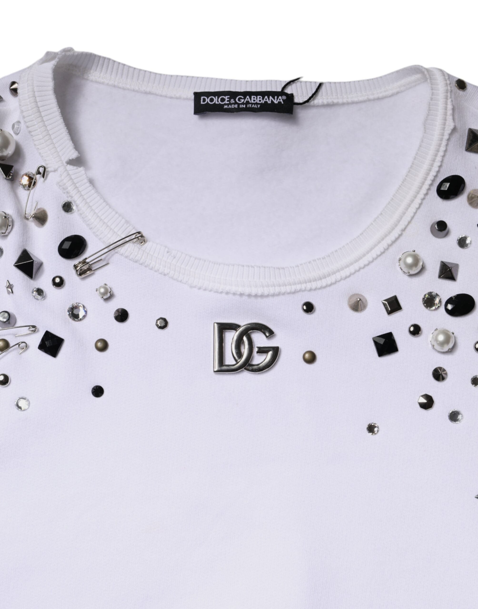 Dolce & Gabbana White Embellished Long Sleeve Cropped Women's Sweater