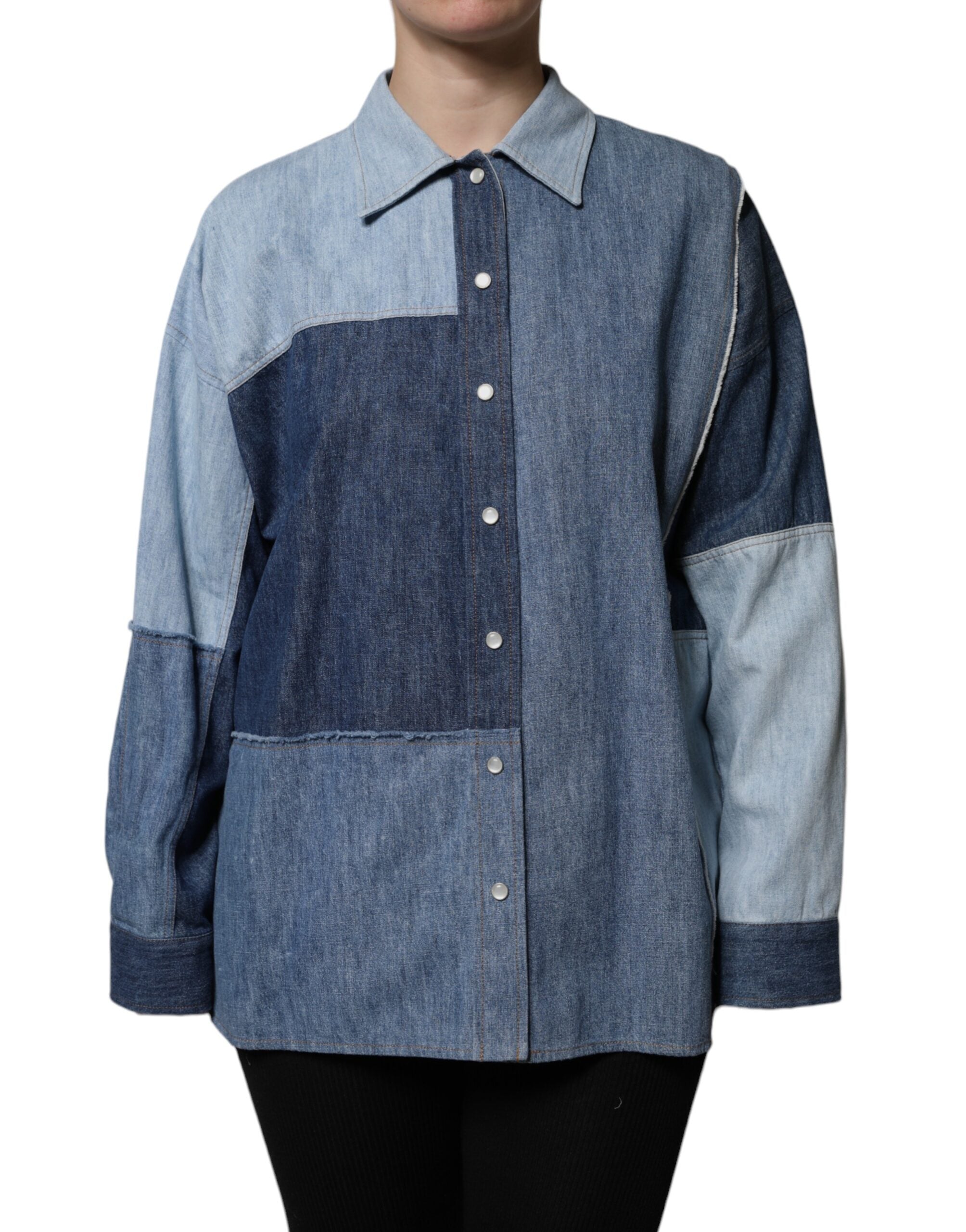 Dolce & Gabbana Blue Cotton Button Up Collared Long Sleeve Women's Top