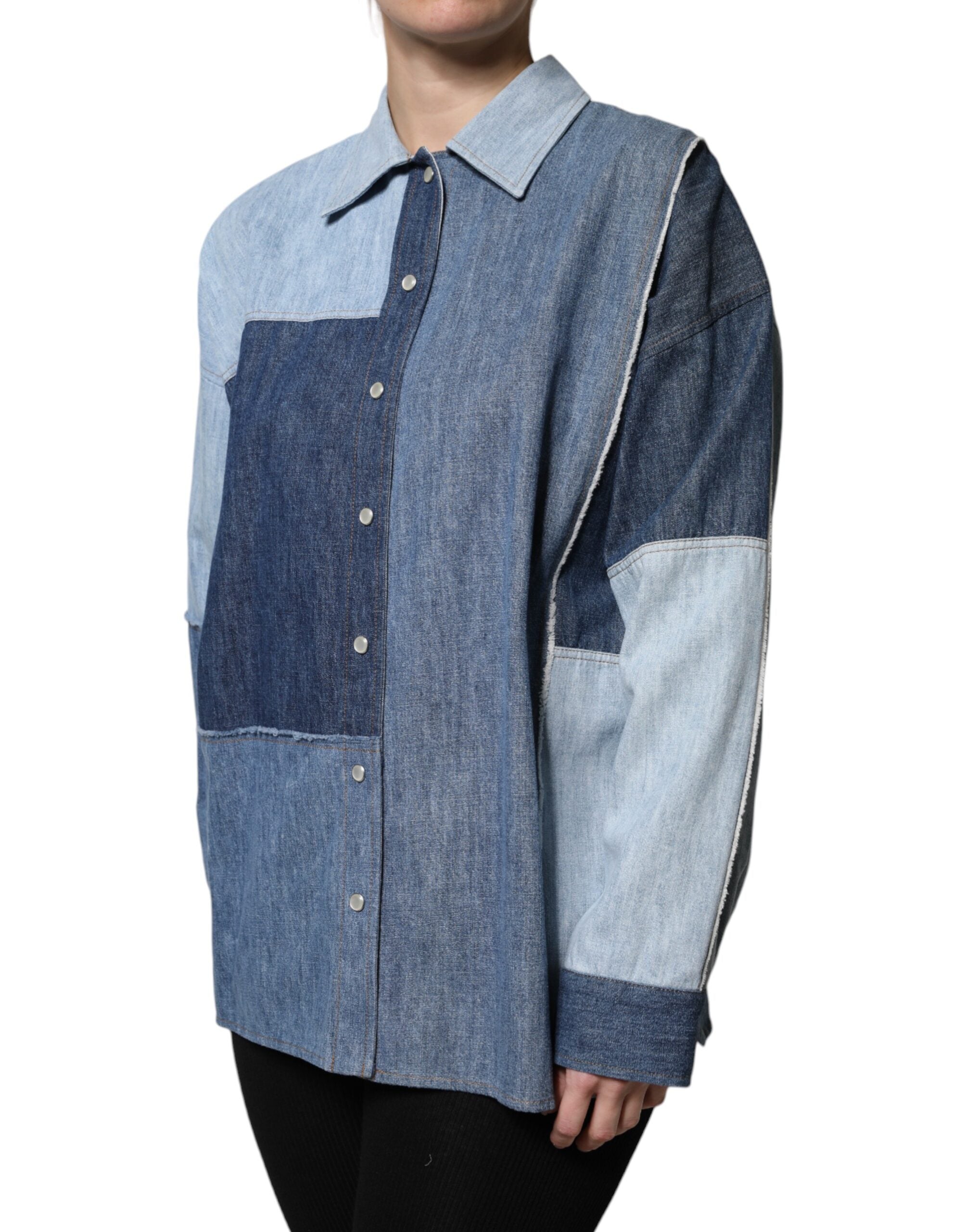 Dolce & Gabbana Blue Cotton Button Up Collared Long Sleeve Women's Top