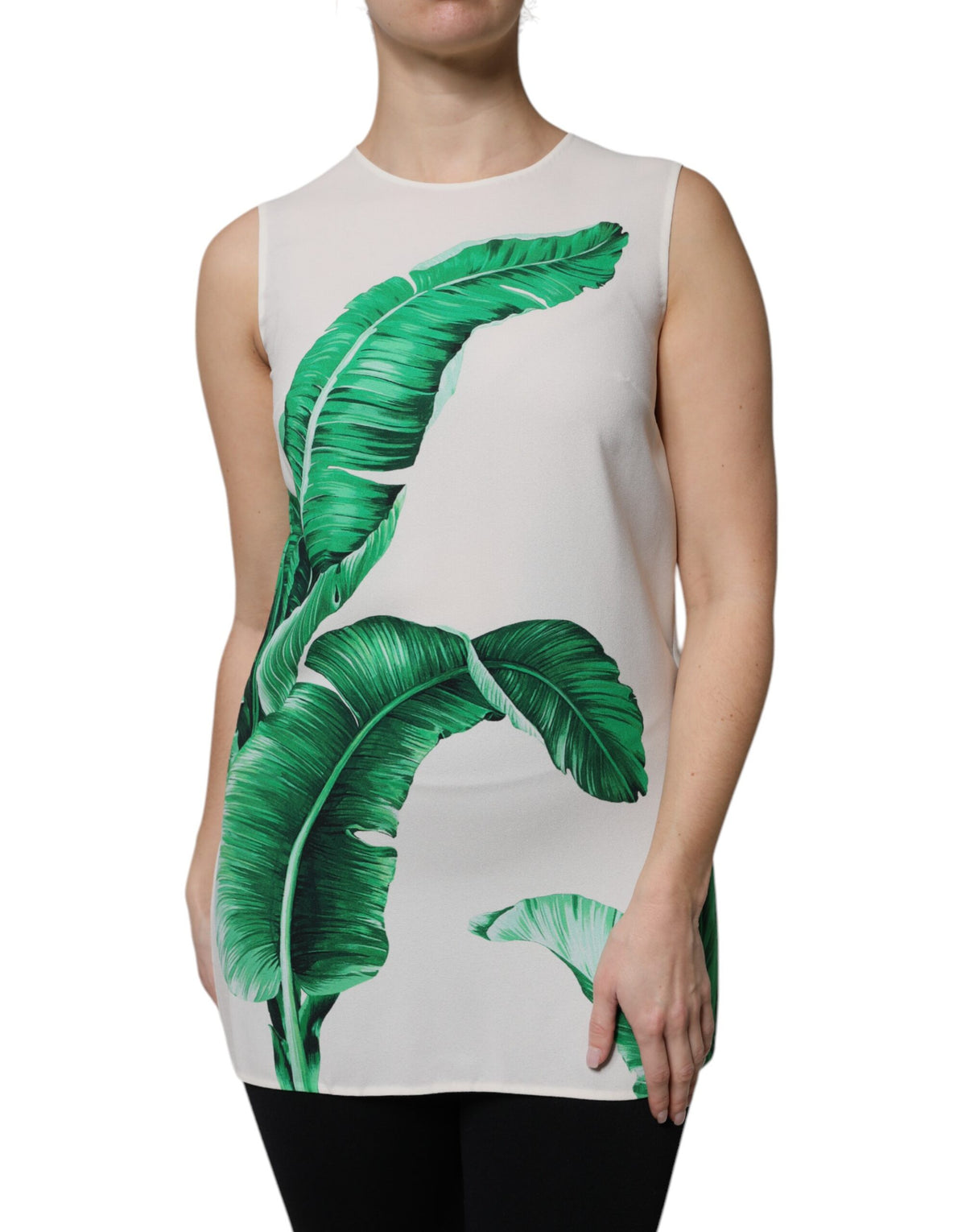 Dolce & Gabbana White Banana Leaf Print Round Neck Tank Women's Top