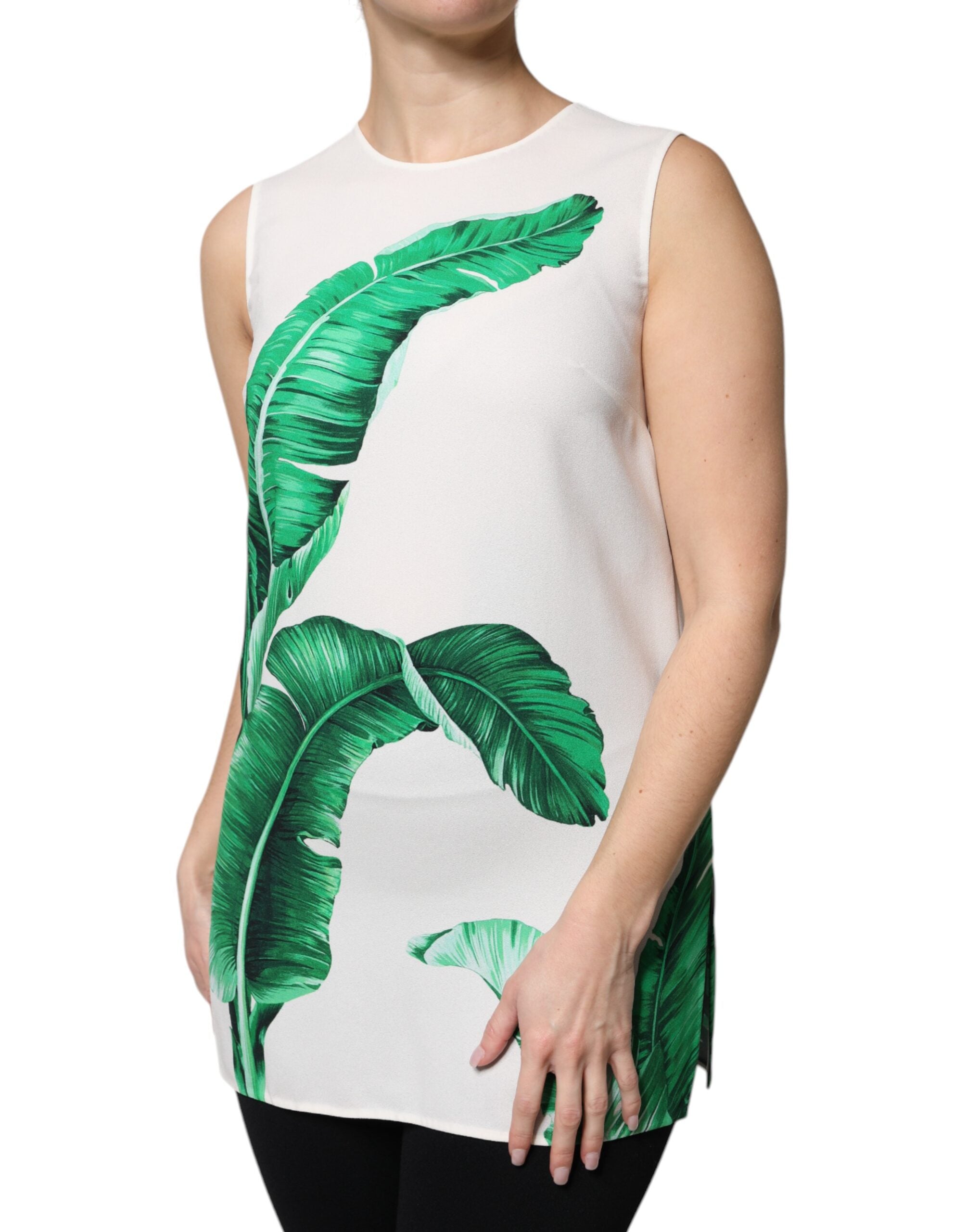 Dolce & Gabbana White Banana Leaf Print Round Neck Tank Women's Top