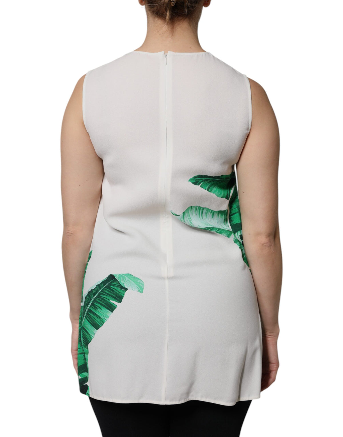 Dolce & Gabbana White Banana Leaf Print Round Neck Tank Women's Top